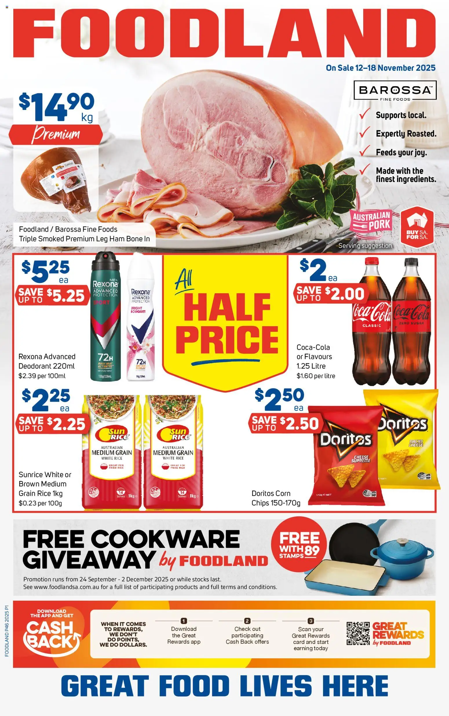 Foodland catalogue - valid from 12.11.2025 | Page: 1 | Products: Ham, Deodorant, Coca Cola, Sugar