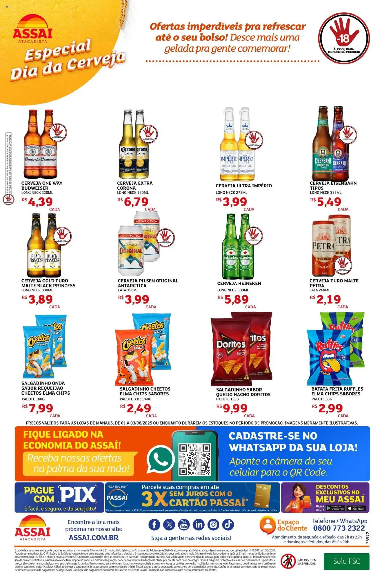 Assaí Atacadista Folheto - válido de 01.08.2025 | Página: 3 | Produtos: Elma Chips, Cerveja Heineken, Bebida, Cheetos