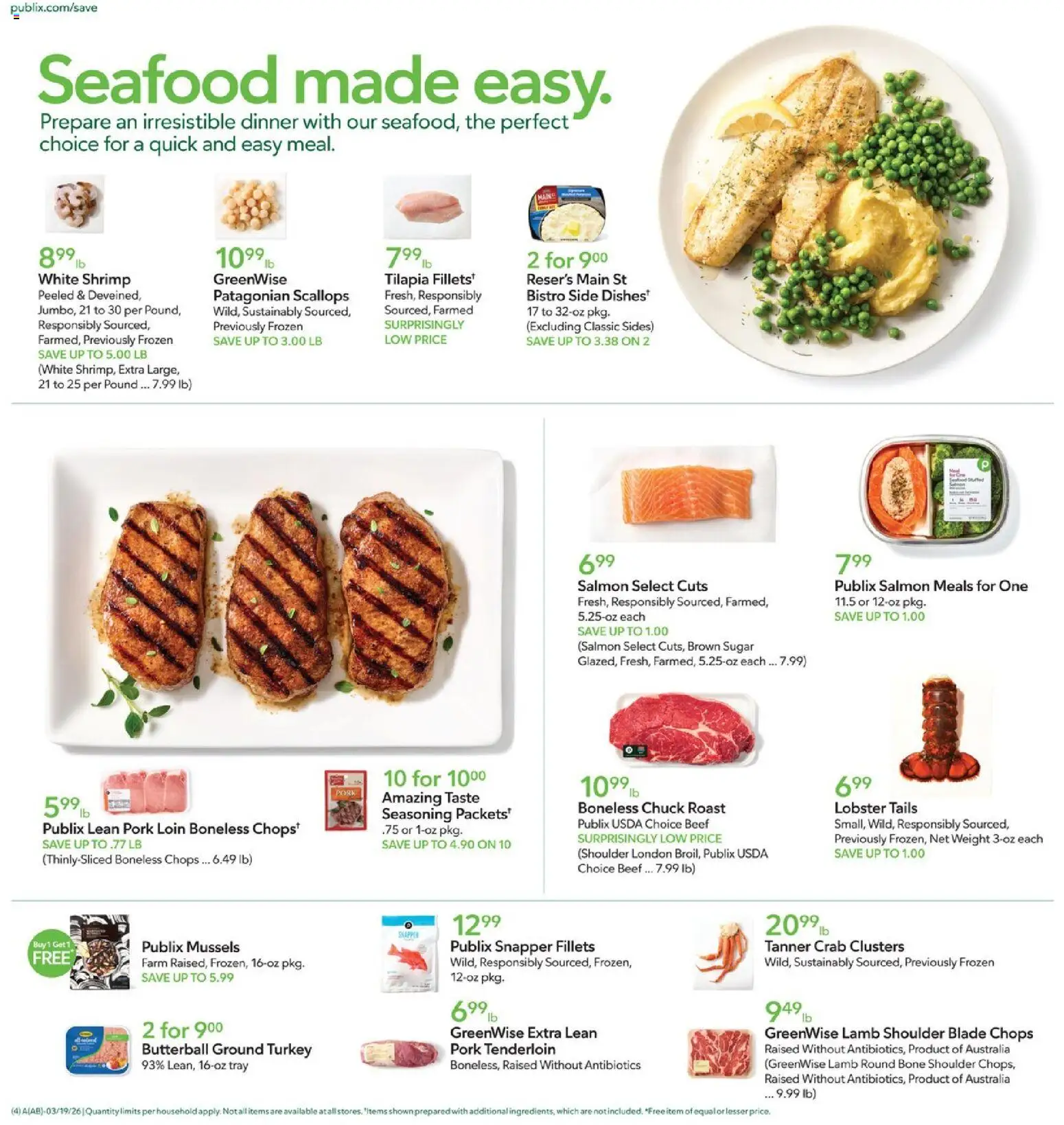 Publix Weekly Ad - valid from 18.03.2026 | Page: 4 | Products: Pork, Beef, Sugar, Seafood
