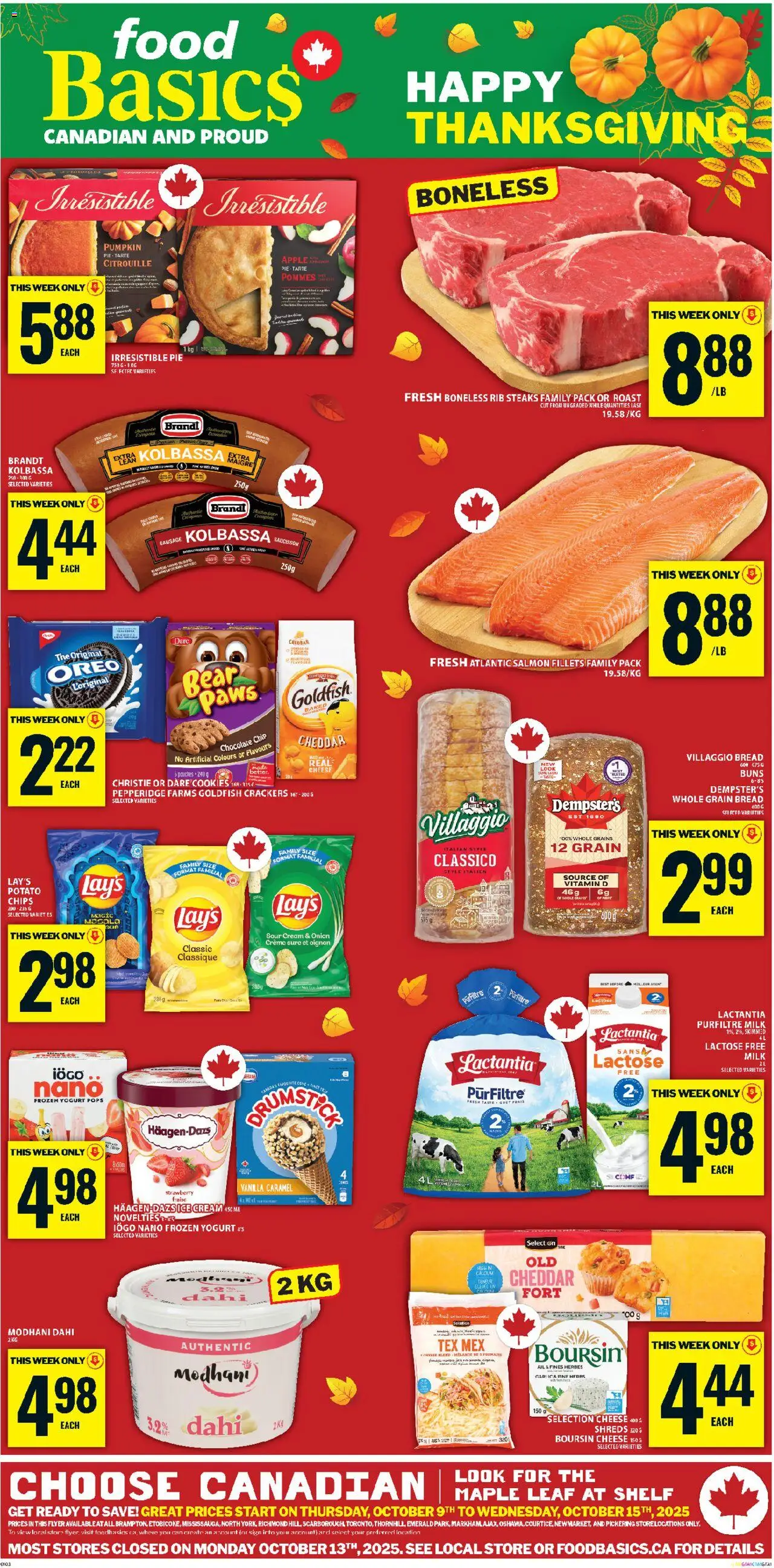 Food Basics flyer valid from 09.10.2025 | Page: 1 | Products: Chips, Milk, Cheese, Pumpkin