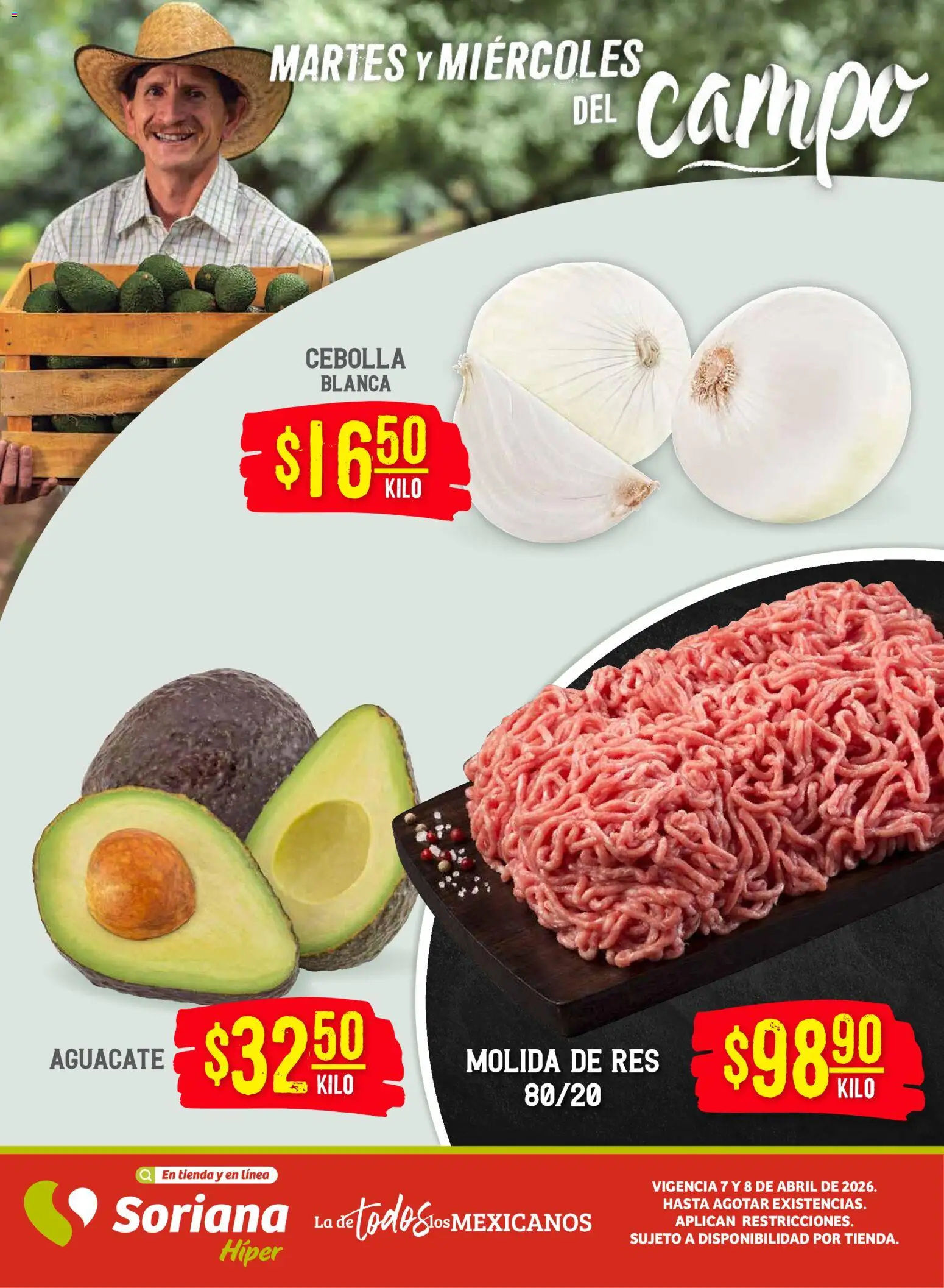 Nuevas ofertas de Soriana válidas en toda la República Mexicana desde el 07.04.2026. ¡Encuentra las mejores ofertas en Soriana Martes y Miércoles del Campo Híper: Ver, Tab, Chis, Camp, Yuc y Q. Roo! | Página: 1 | Productos: Cebolla, Aguacate, Res