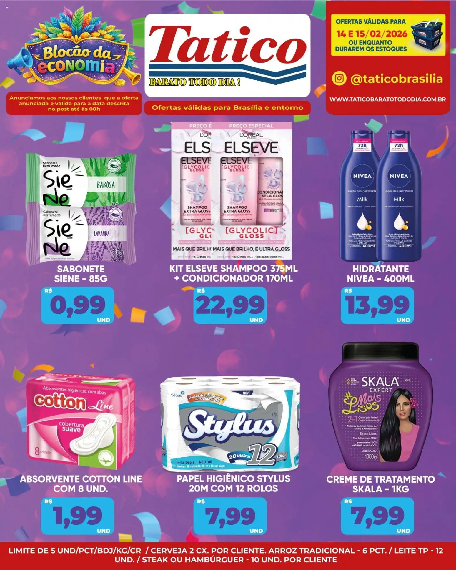 Tatico Folheto - válido de 14.02.2026 | Página: 14 | Produtos: Shampoo, Arroz, Hambúrguer, Papel higiênico