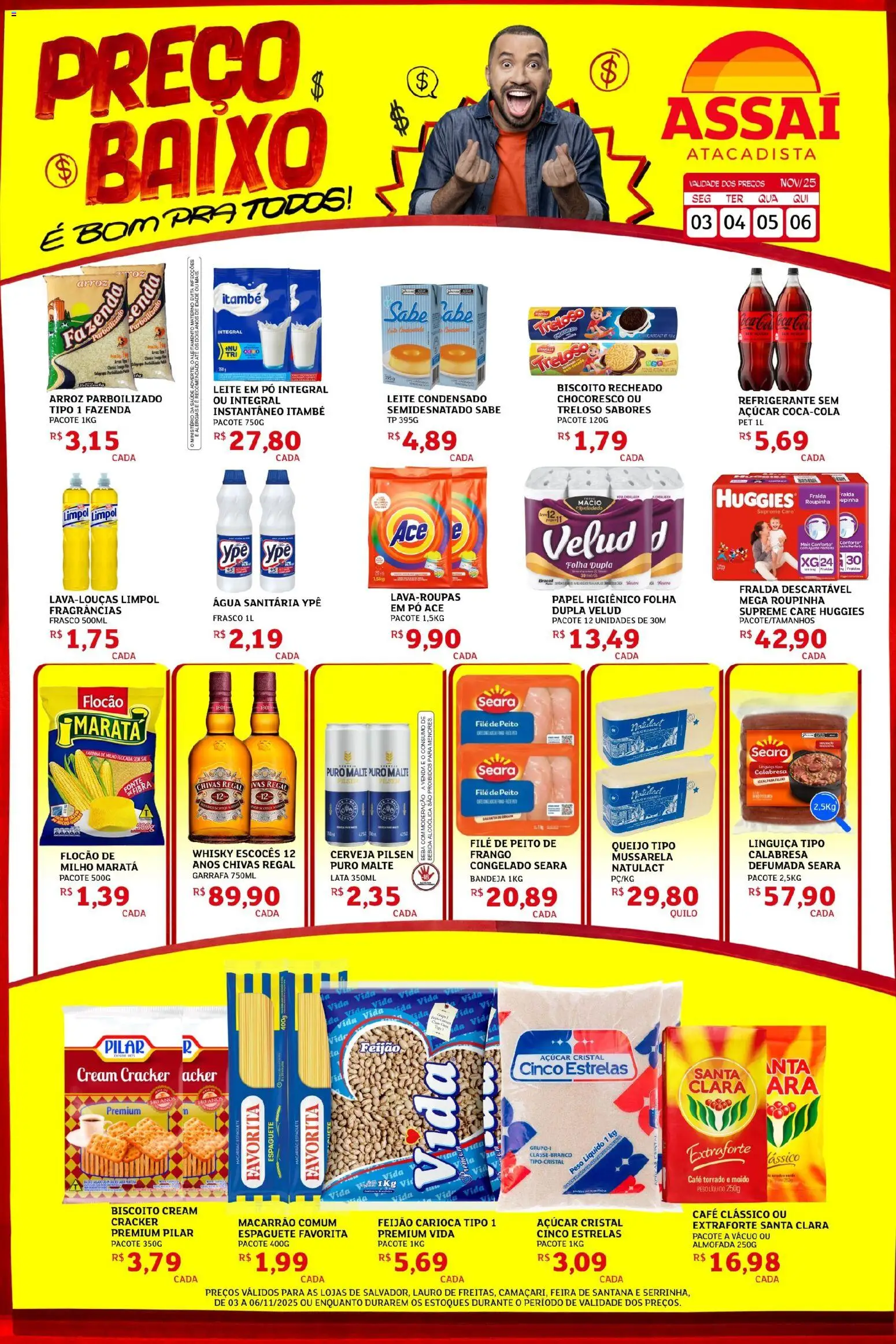 Assaí Atacadista Folheto - válido de 03.11.2025 | Página: 1 | Produtos: Linguiça, Bandeja, Cream cracker, Água sanitária