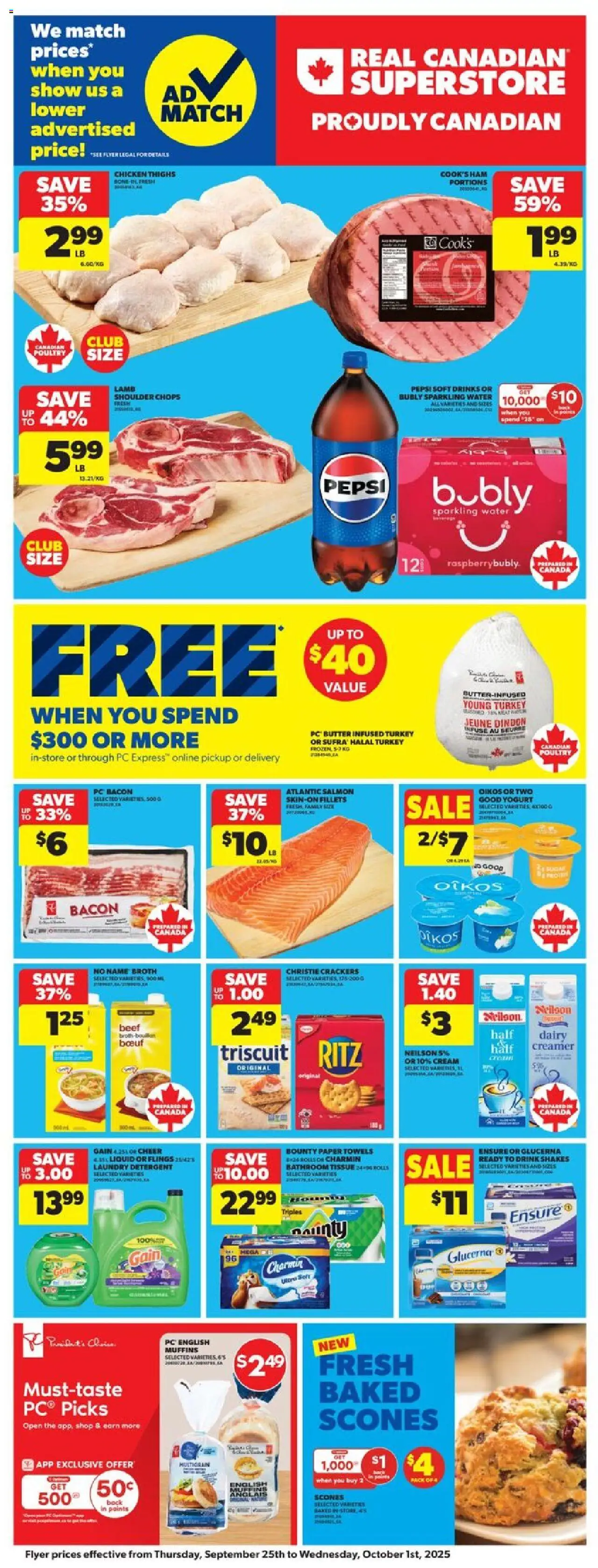 Real Canadian Superstore flyer valid from 25.09.2025 | Page: 3 | Products: Cream, Turkey, Yogurt, Chicken