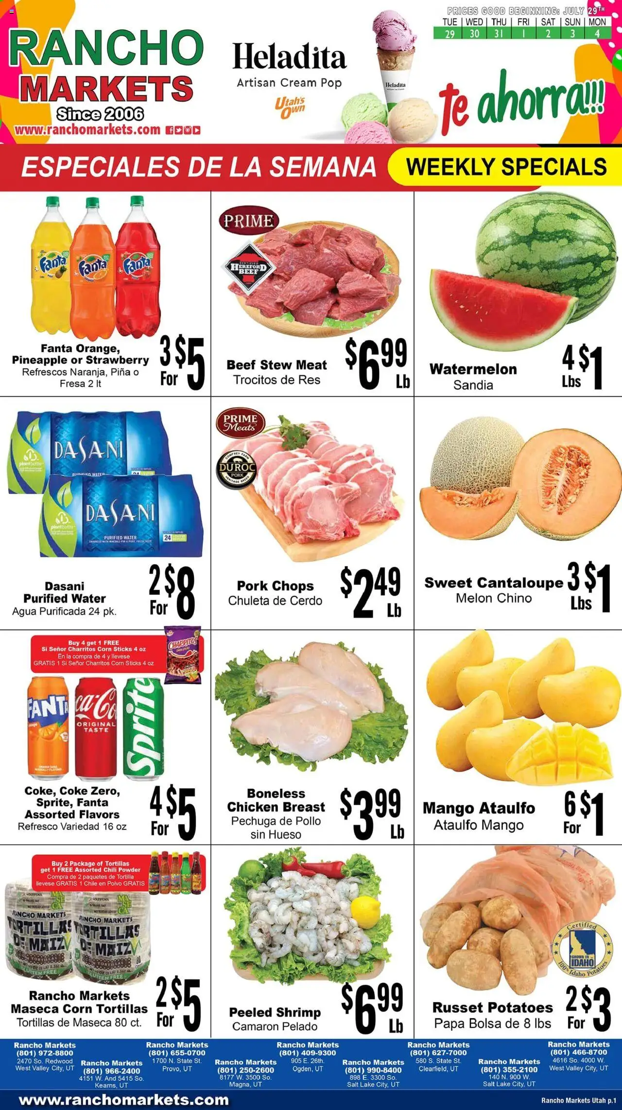 Rancho Markets Weekly Ad - valid from 29.07.2025 | Page: 1 | Products: Pork, Potatoes, Water, Mango