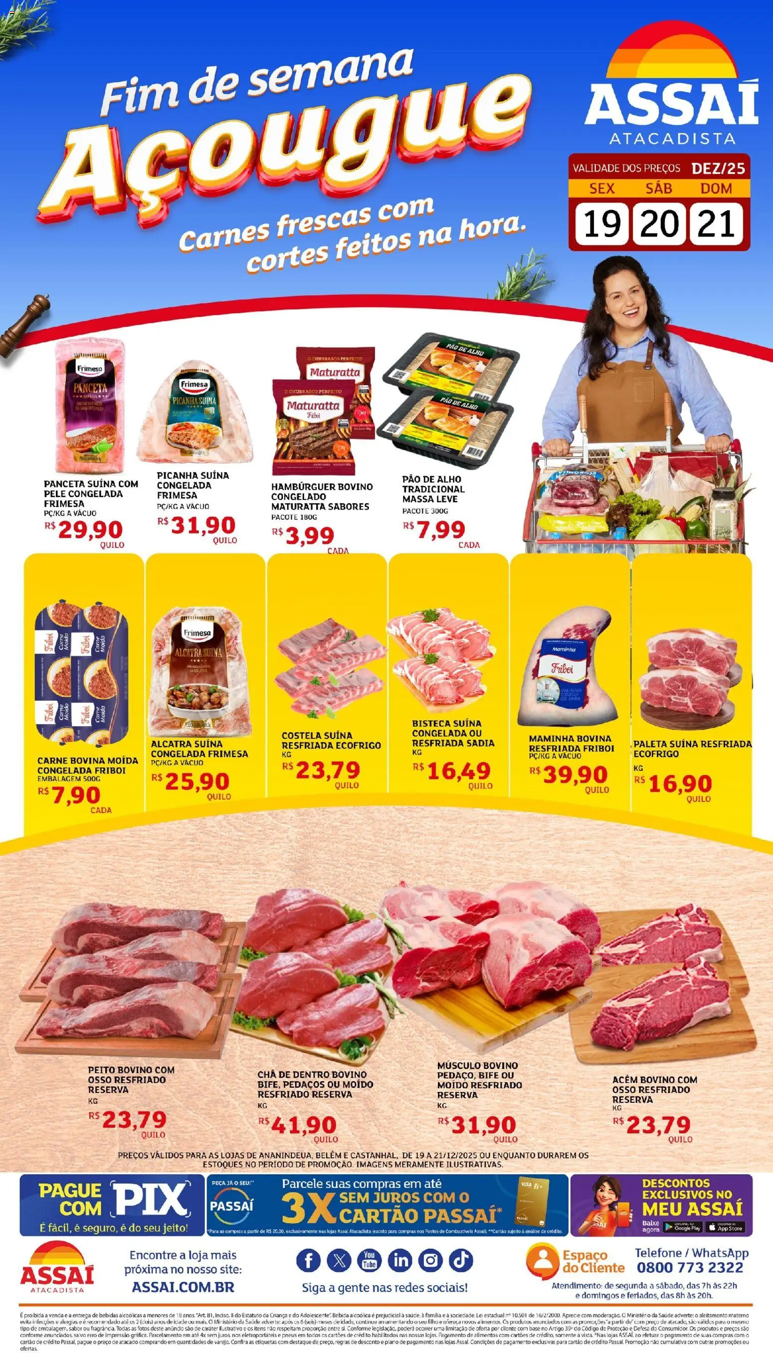 Assaí Atacadista Folheto - válido de 19.12.2025 | Página: 1 | Produtos: Pao de alho, Hambúrguer, Telefone, Carne moída