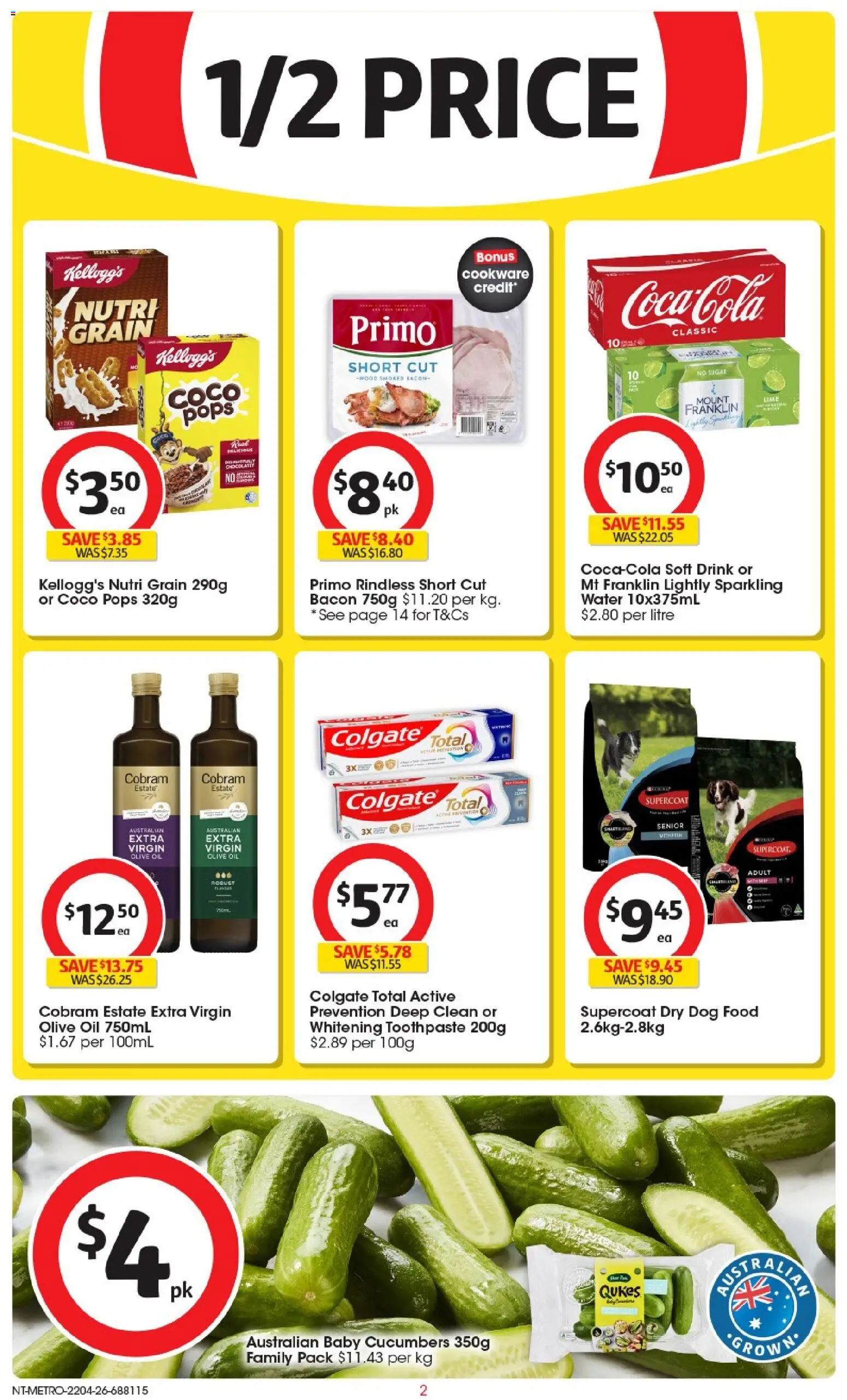 Coles catalogue - valid from 22.04.2026 | Page: 2 | Products: Bacon, Oil, Toothpaste, Water