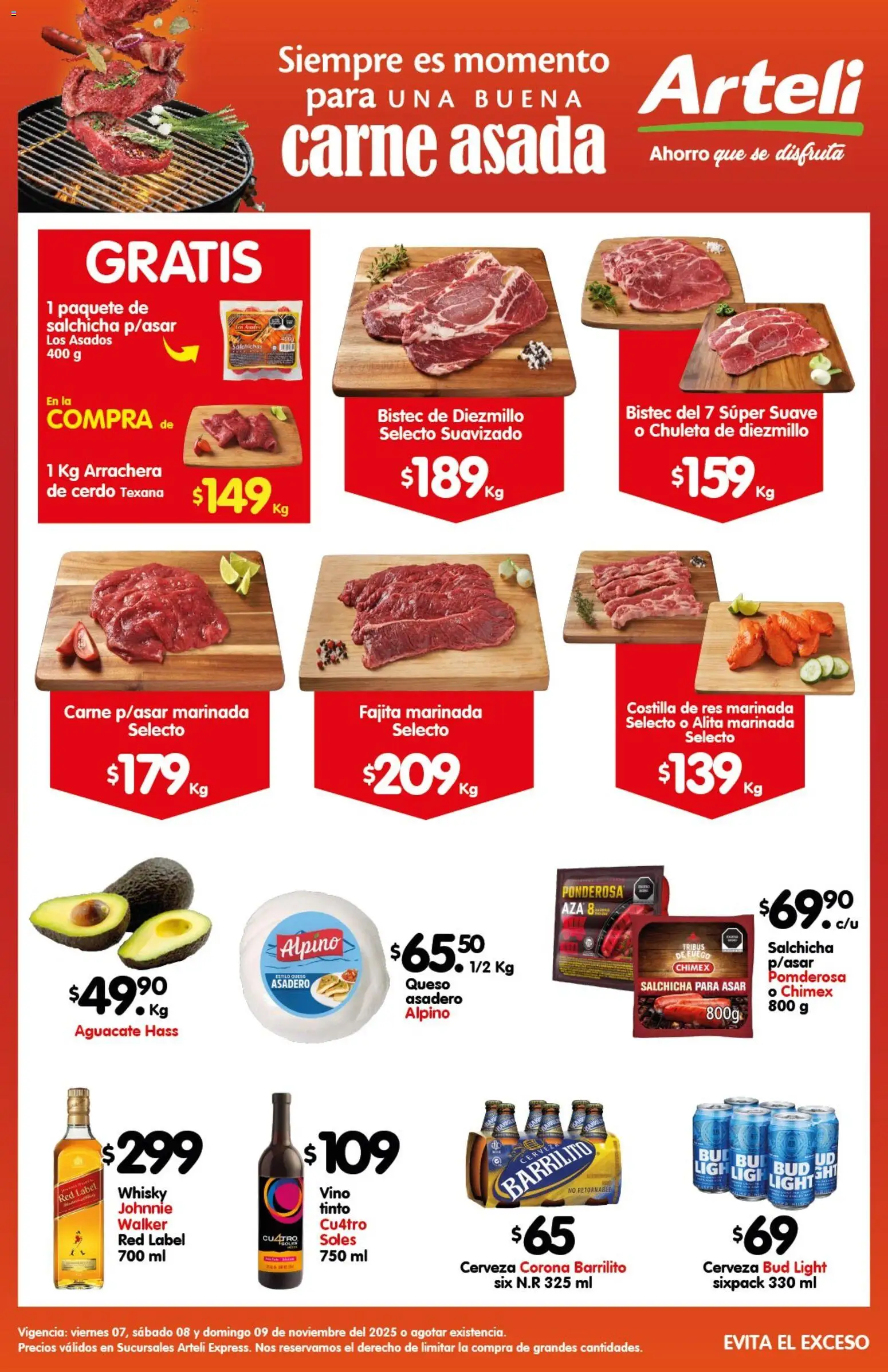 Nuevas ofertas de Arteli válidas en toda la República Mexicana desde el 07.11.2025. ¡Encuentra las mejores ofertas en Arteli folleto Carnes Suc. Express! | Página: 1 | Productos: Salchicha, Queso, Cerdo, Whisky
