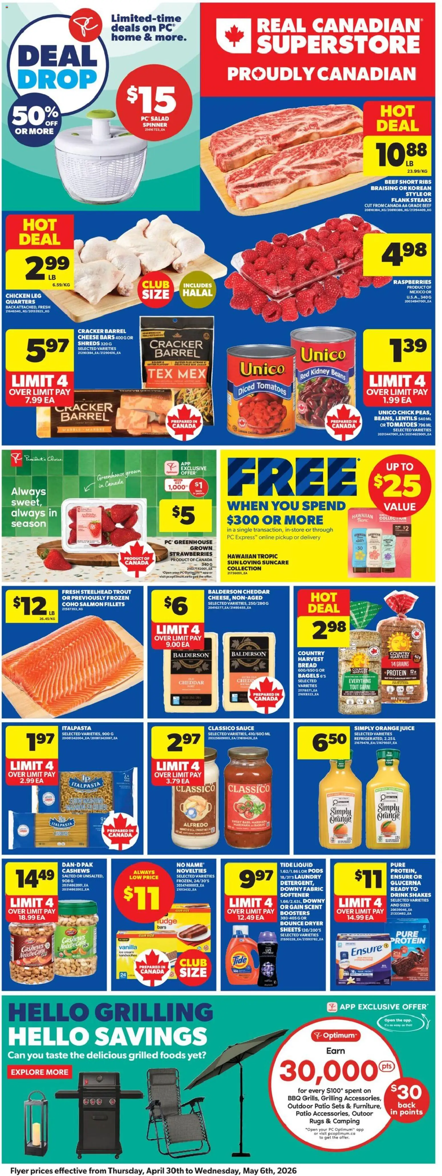 Real Canadian Superstore flyer valid from 30.04.2026 | Page: 4 | Products: Beef, Strawberries, PC, Tomatoes