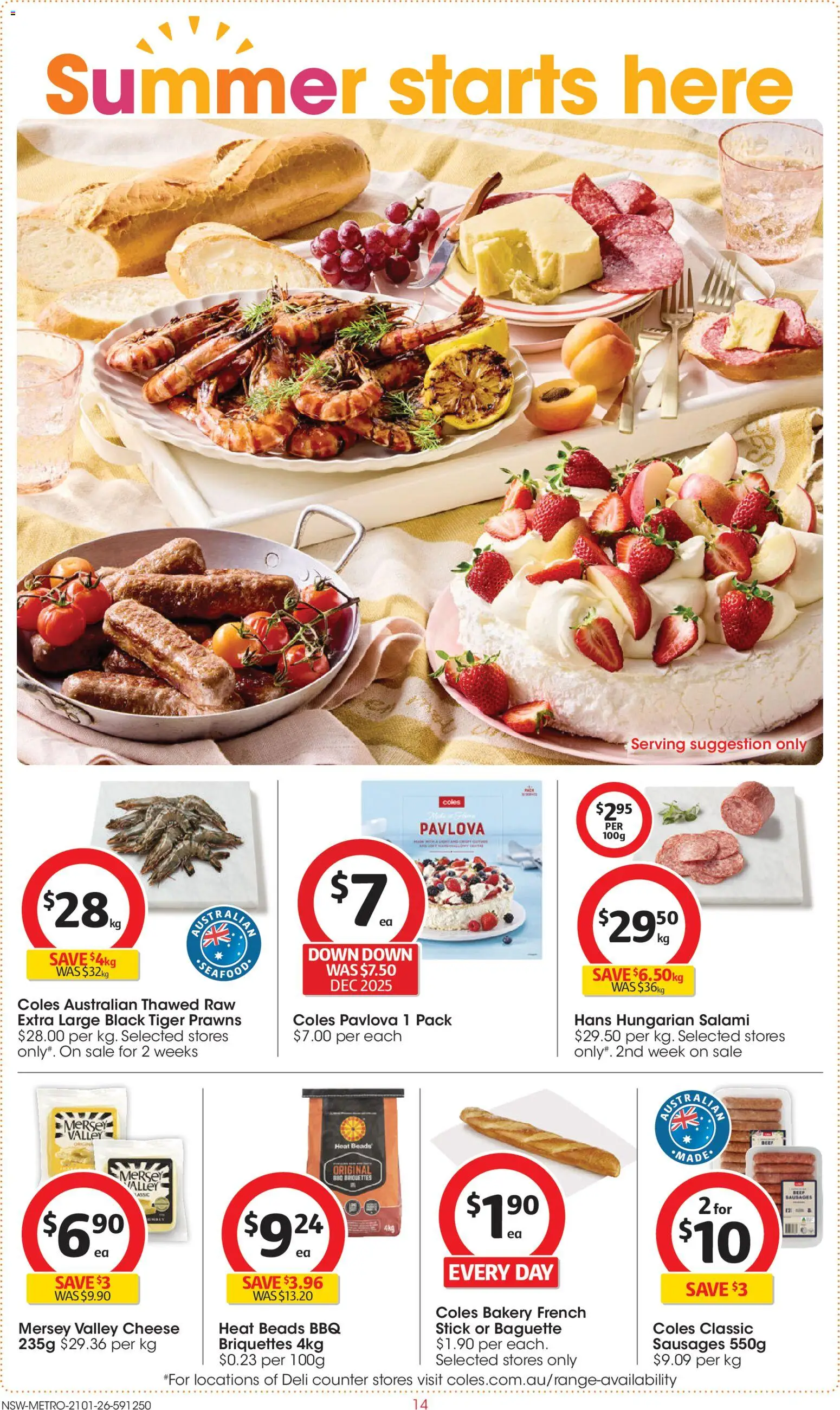 Coles catalogue - valid from 21.01.2026 | Page: 14 | Products: Salami, Prawns, Pavlova, Bakery