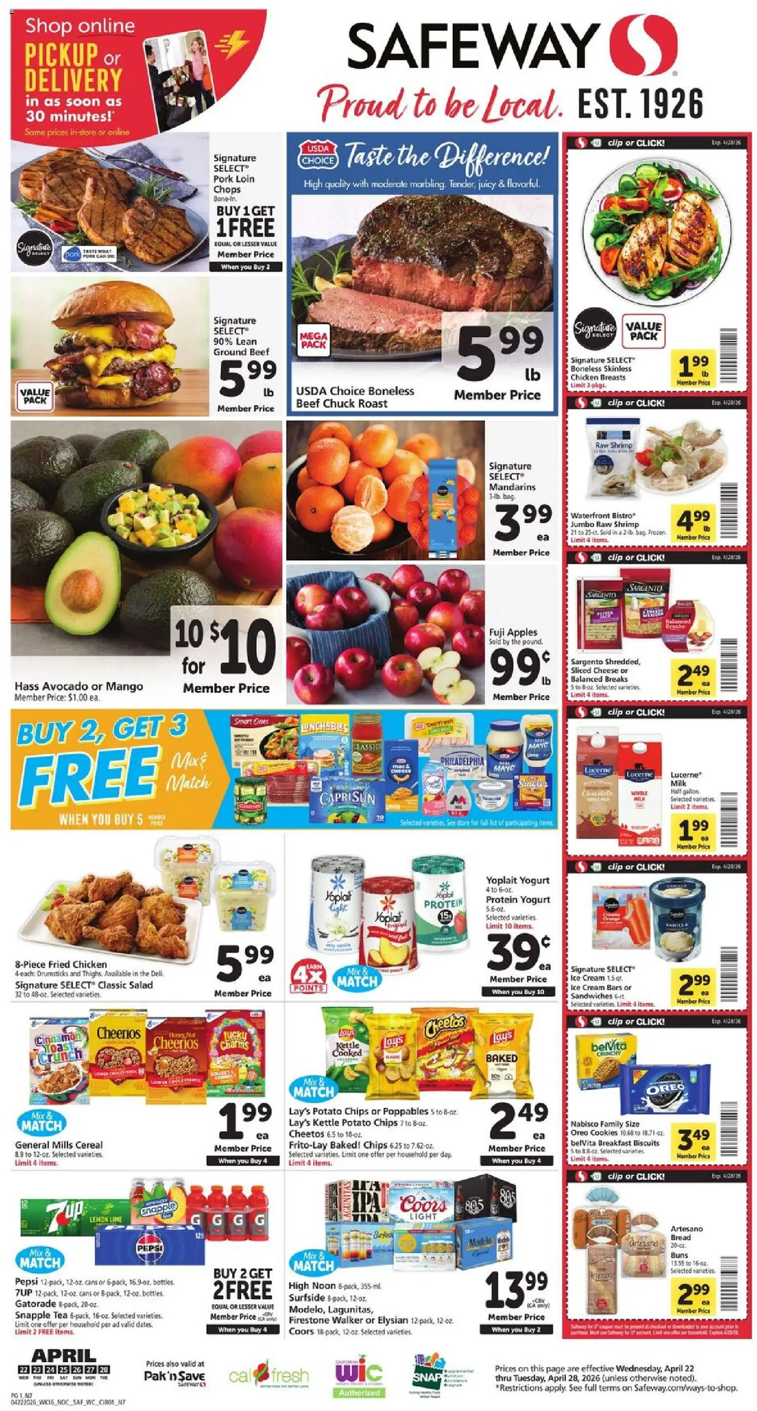 Safeway Weekly Ad - valid from 22.04.2026 | Page: 1 | Products: Clip, Beef, Chips, Cream