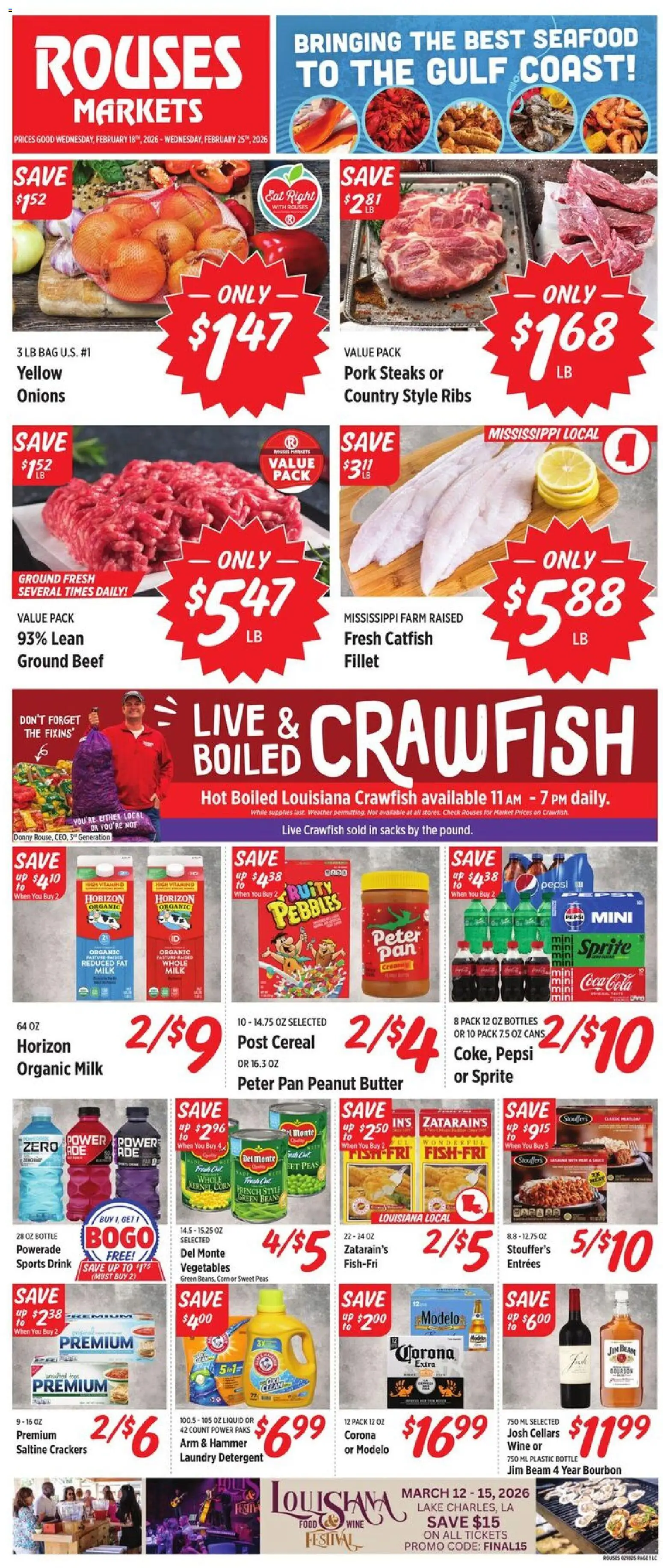 Rouses Weekly Ad - LA - valid from 18.02.2026 | Page: 1 | Products: Pan, Butter, Pork, Vegetables