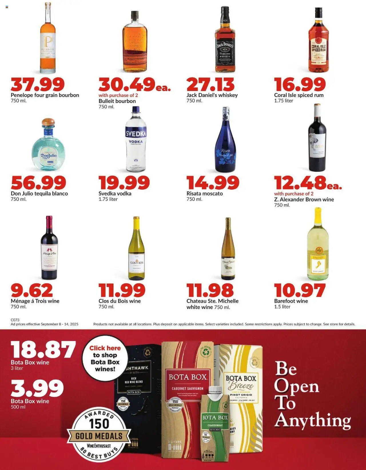 HyVee Weekly Ad - valid from 08.09.2025 | Page: 33 | Products: Wine, Bourbon, Vodka, Whiskey
