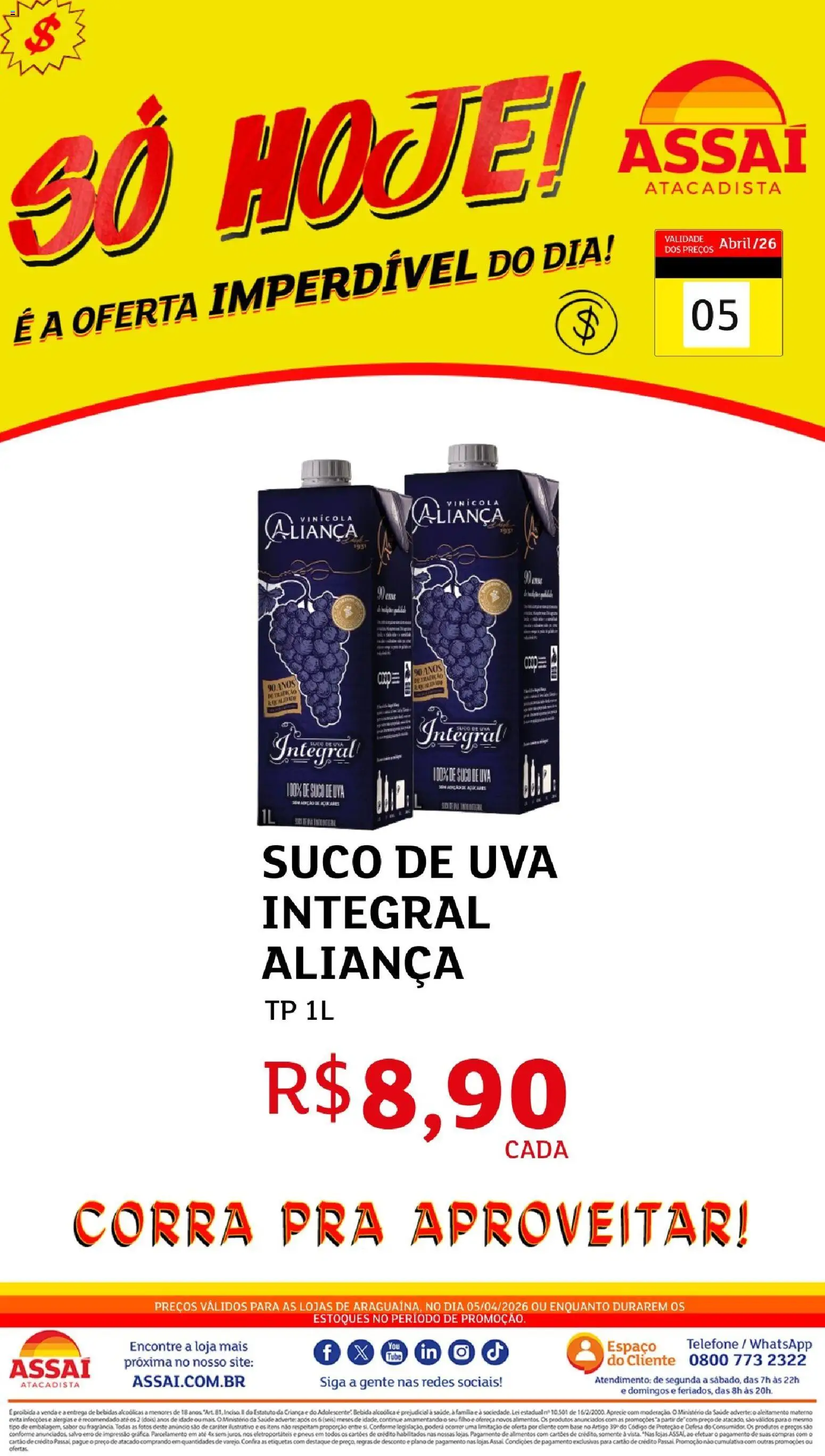 Assaí Atacadista Folheto - válido de 05.04.2026 | Página: 1 | Produtos: Suco, Base, Bebida, Telefone