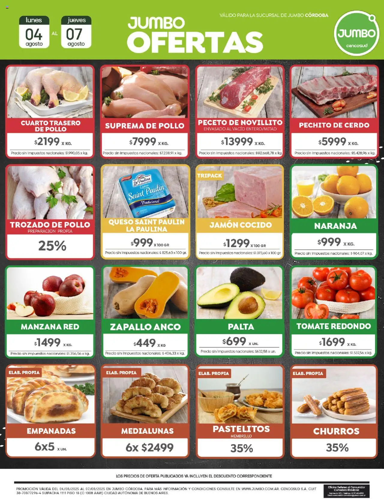 Jumbo ofertas - Córdoba │ válido desde el 04.08.2025 | Página: 1 | Productos: Jamón cocido, Tomate, Queso, Cerdo