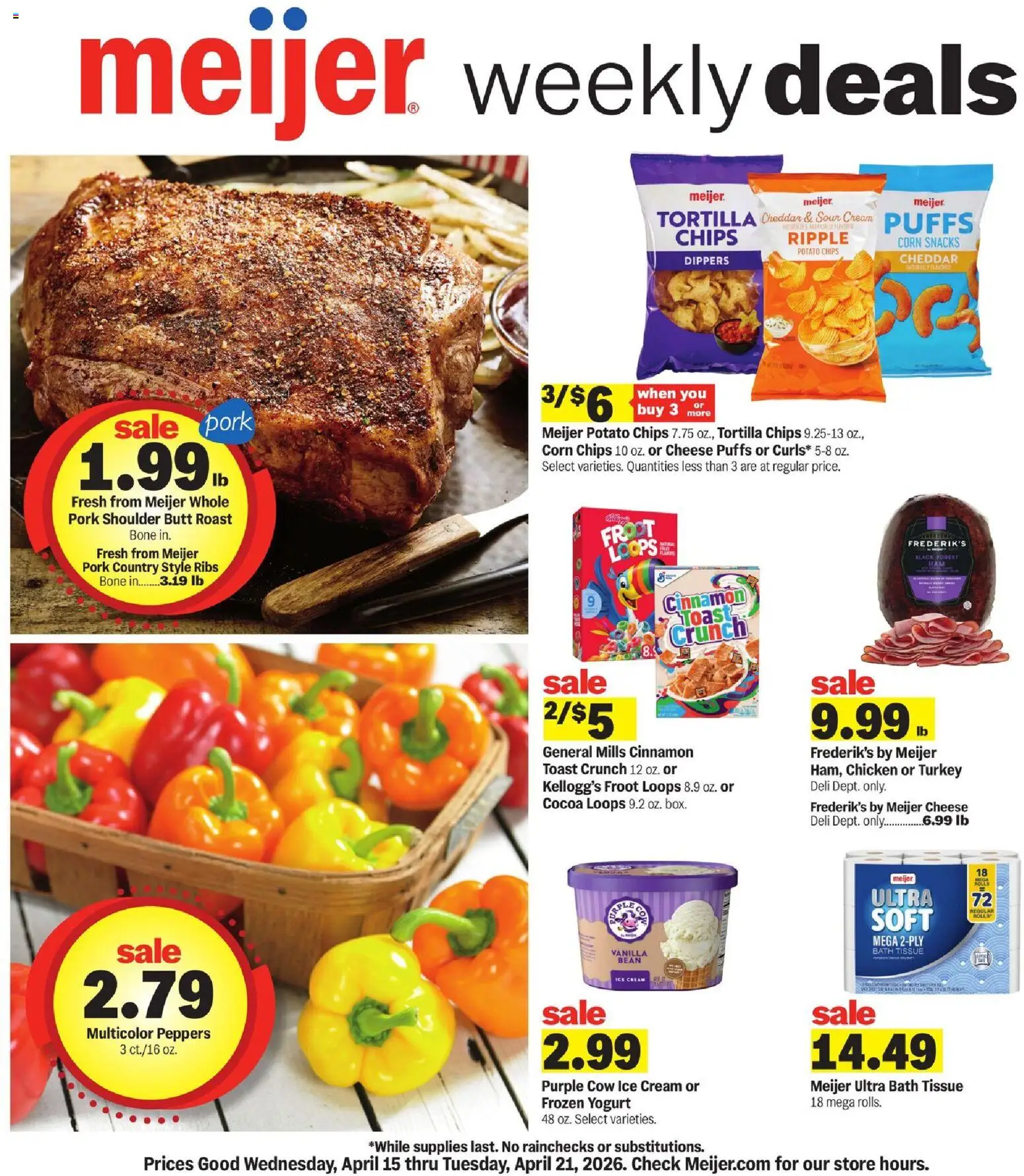 Meijer Weekly Ad - MI - valid from 15.04.2026 | Page: 1 | Products: Corn, Peppers, Cheese, Yogurt