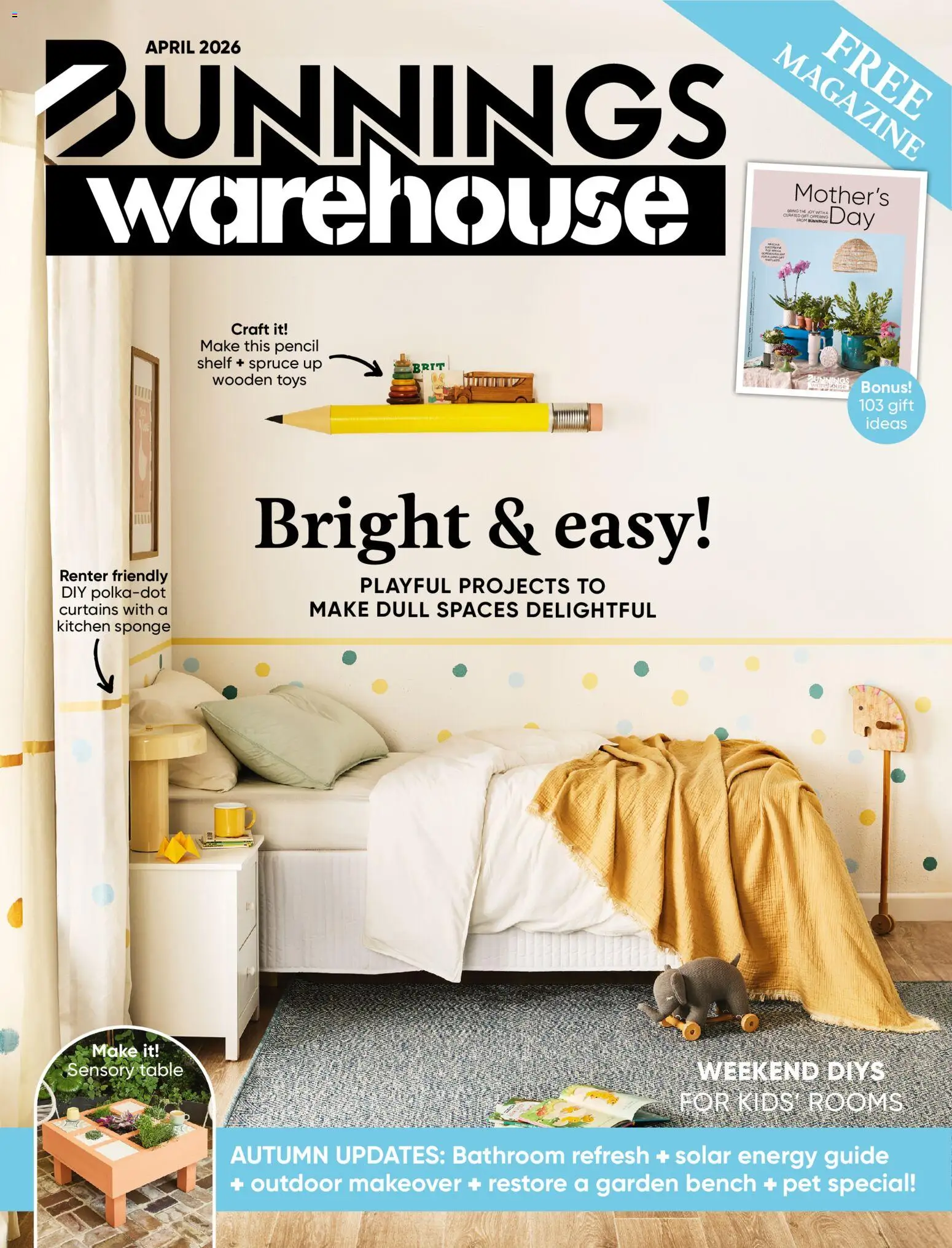 Bunnings Warehouse catalogue - valid from 01.04.2026 | Page: 1 | Products: Shelf, Sponge, Pencil, Bench
