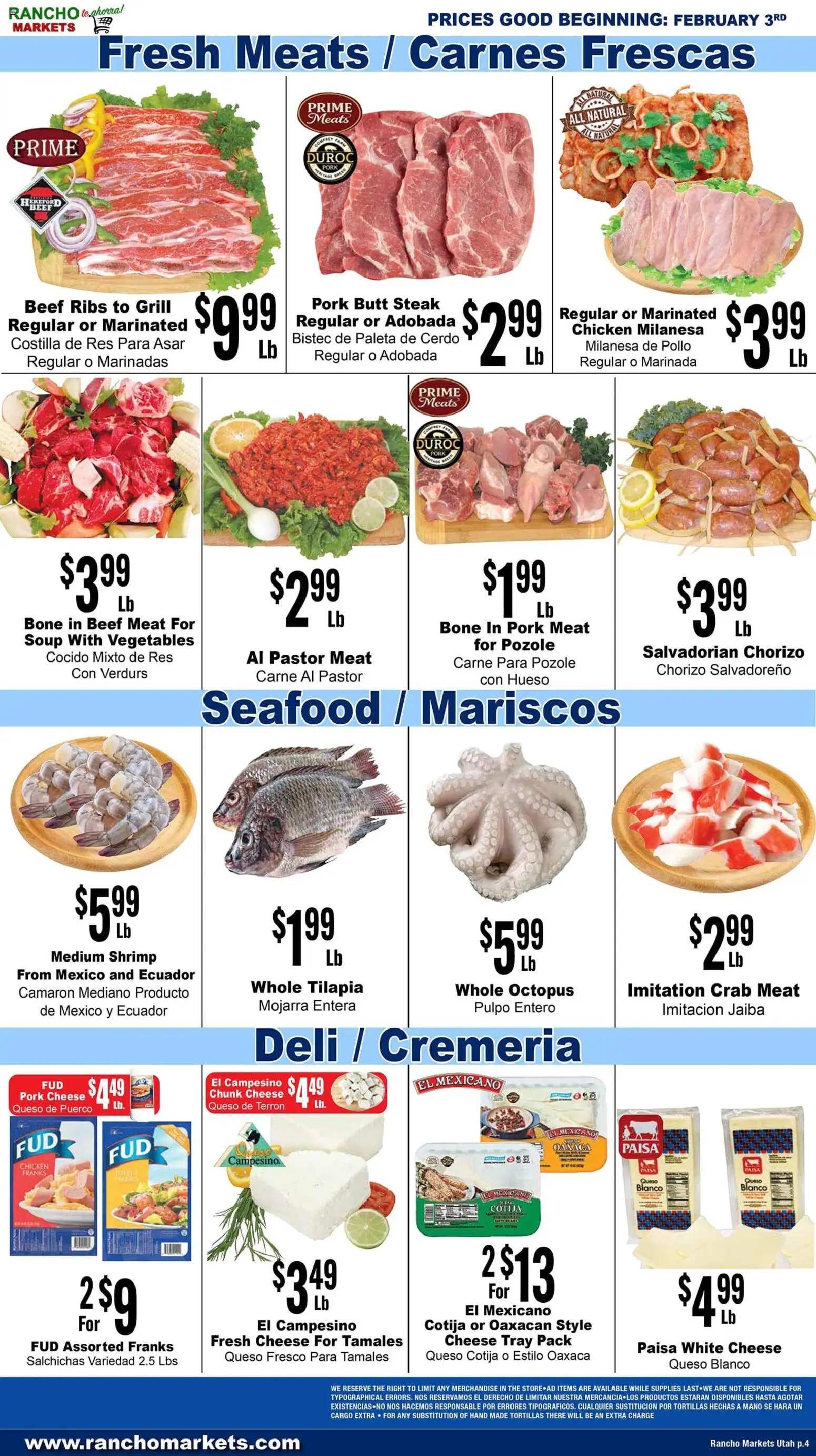 Rancho Markets Weekly Ad - valid from 03.02.2026 | Page: 4 | Products: Cheese, Pork, Beef, Seafood
