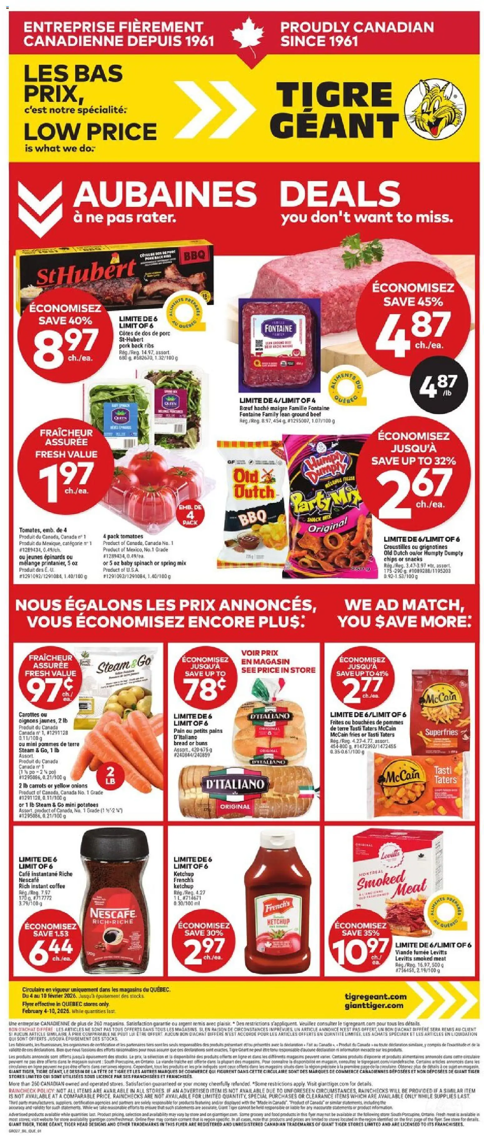 Giant Tiger flyer valid from 04.02.2026 | Page: 1 | Products: Beef, Chips, Ketchup, Bread