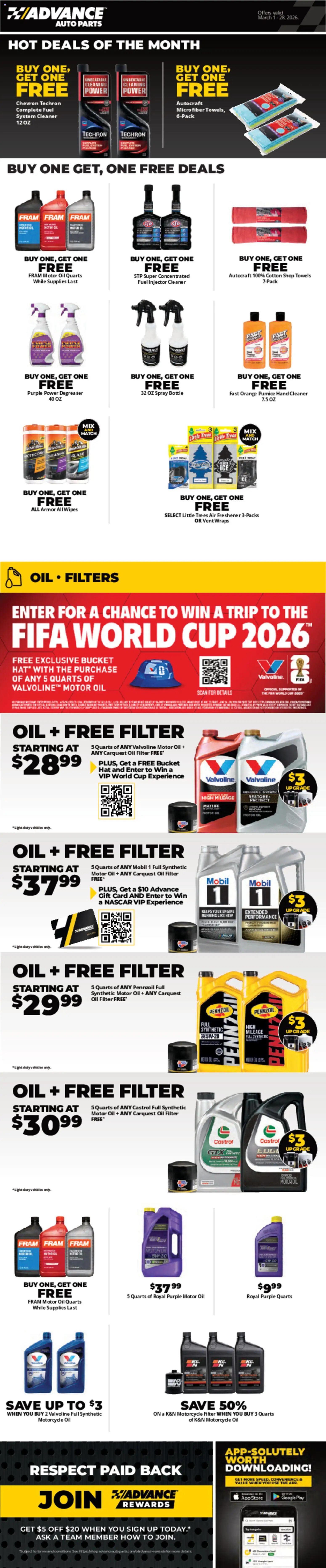Advance Auto Parts Weekly Ad - valid from 01.03.2026 | Page: 1 | Products: Saw, Oil, Hat, Motor Oil