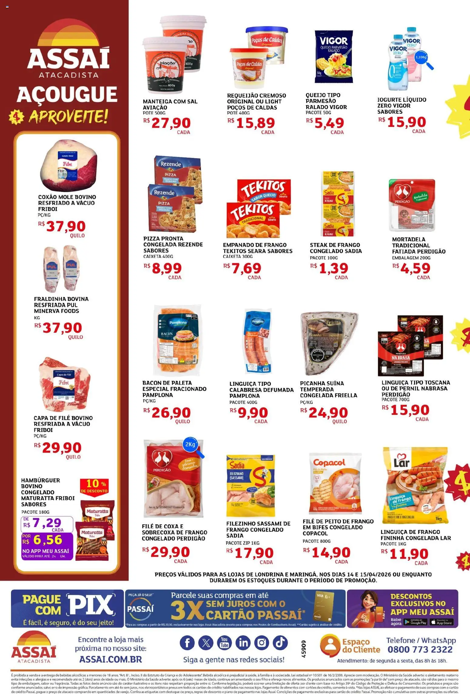 Assaí Atacadista Folheto - válido de 14.04.2026 | Página: 2 | Produtos: Frisco, Mortadela, Hambúrguer, Peito de frango