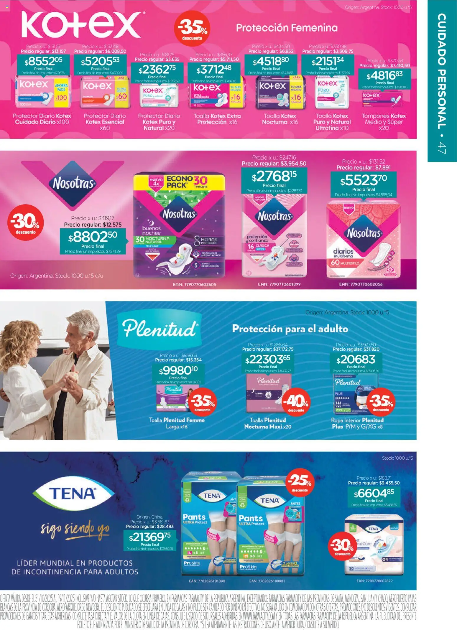 Farmacity catálogo │ válido desde el 30.10.2025 | Página: 47 | Productos: Tampones, Toalla, Banco, Fuente
