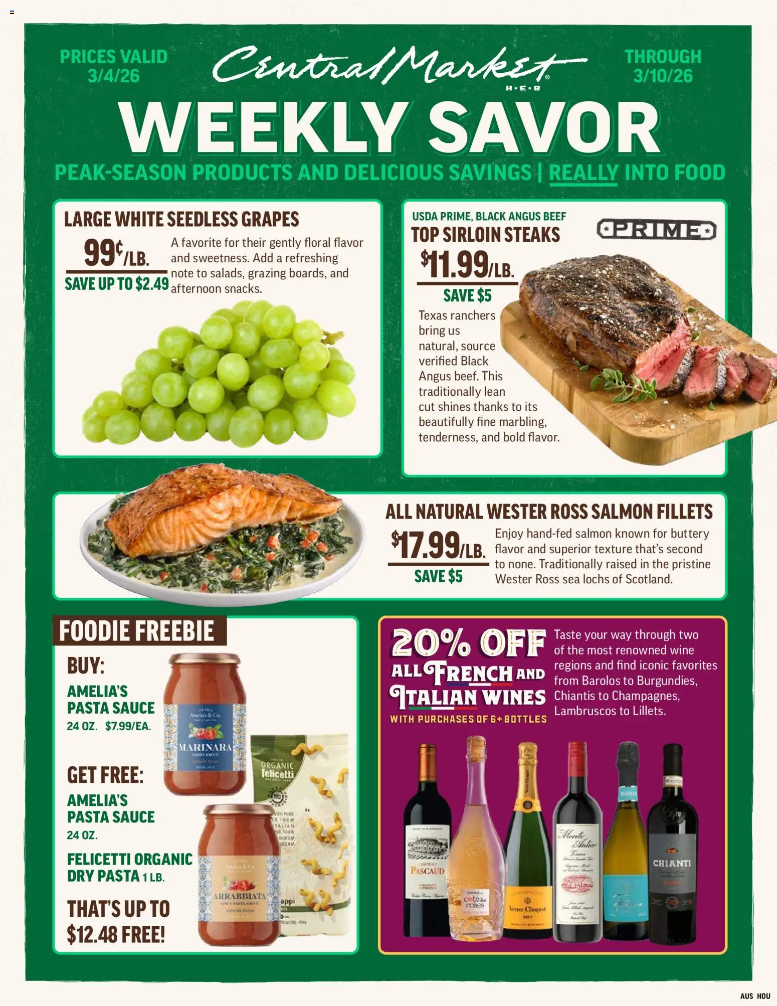 Central Market Weekly Ad - valid from 04.03.2026 | Page: 1 | Products: Wine, Beef, Pasta, Grapes
