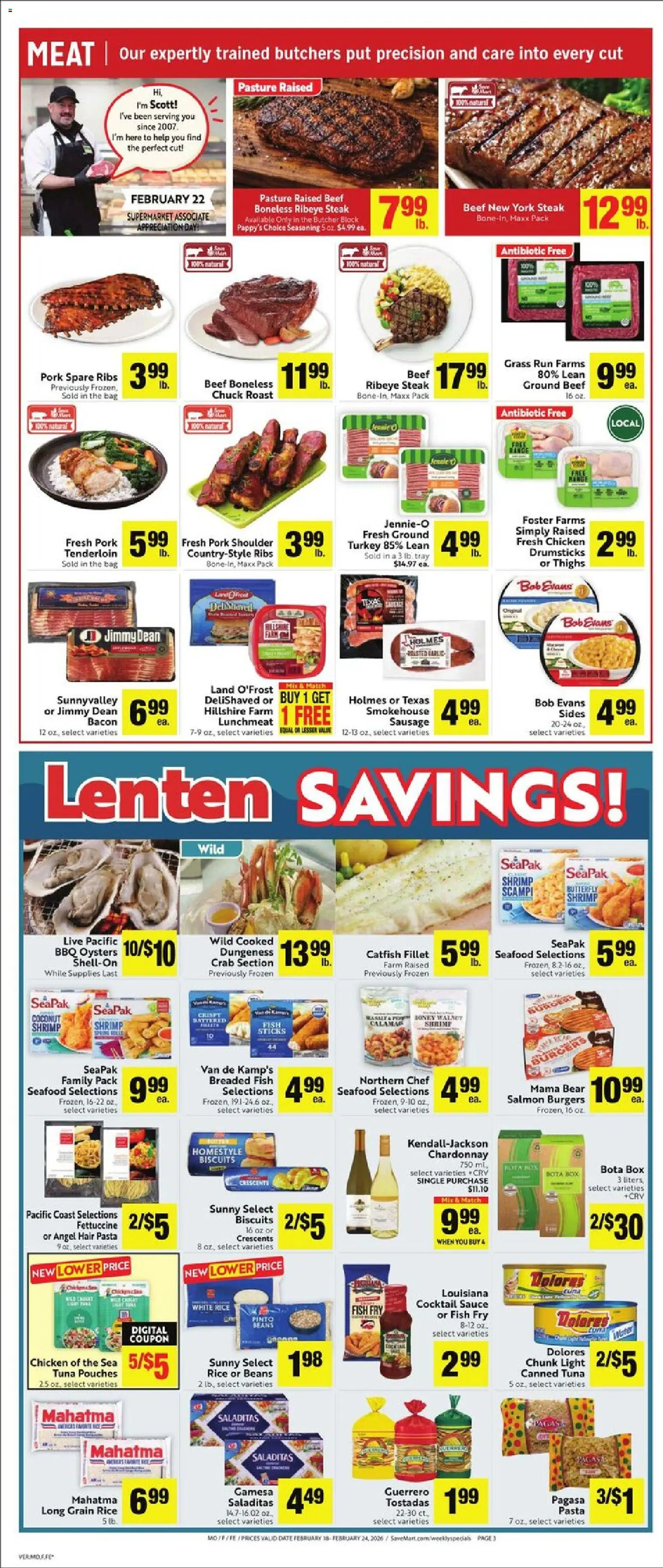 Save Mart Weekly - CA - valid from 18.02.2026 | Page: 3 | Products: Fish, Pasta, Sauce, Sausage