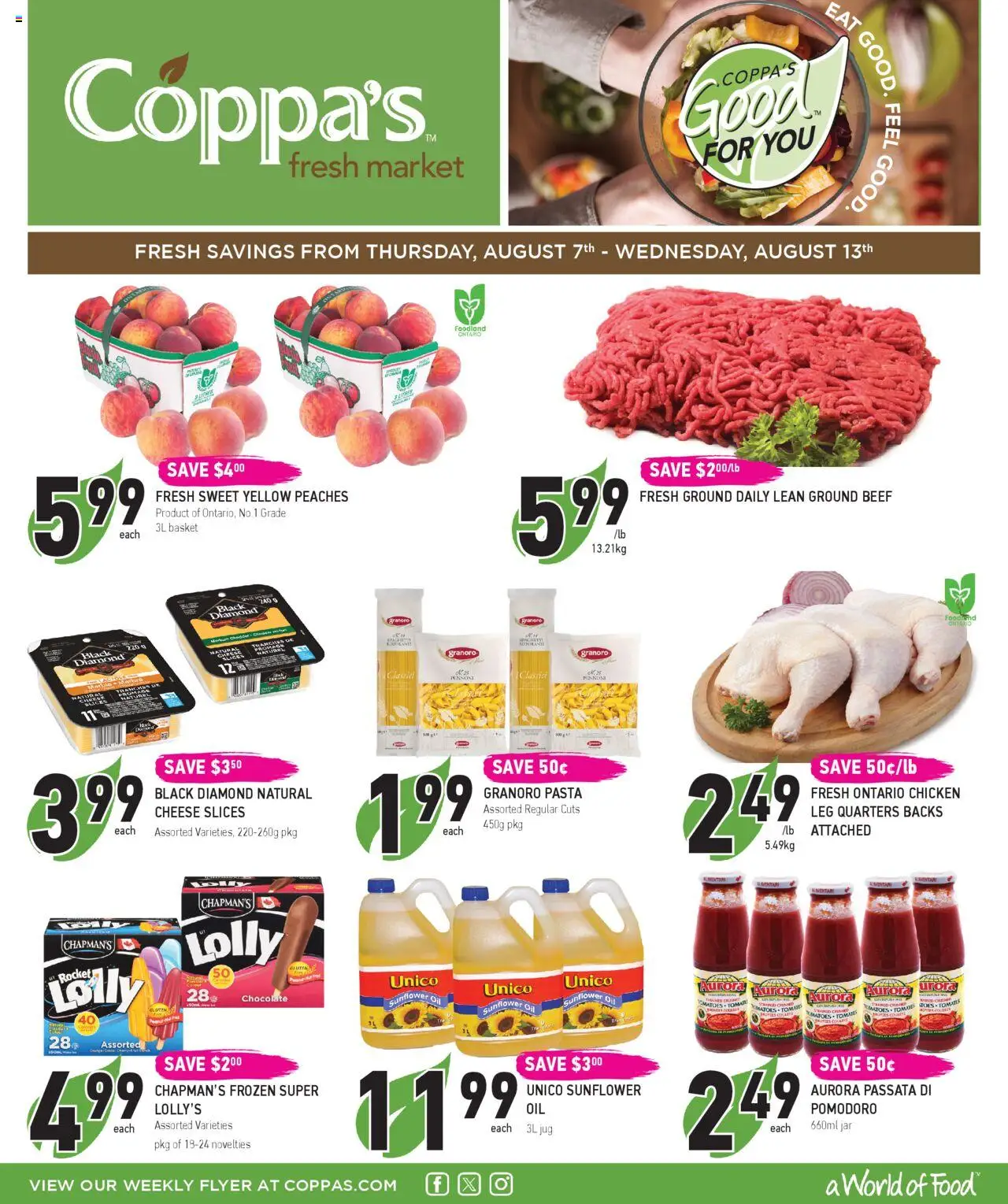 Coppas Fresh Market flyer valid from 07.08.2025 | Page: 1 | Products: Pasta, Basket, Oil, Chicken