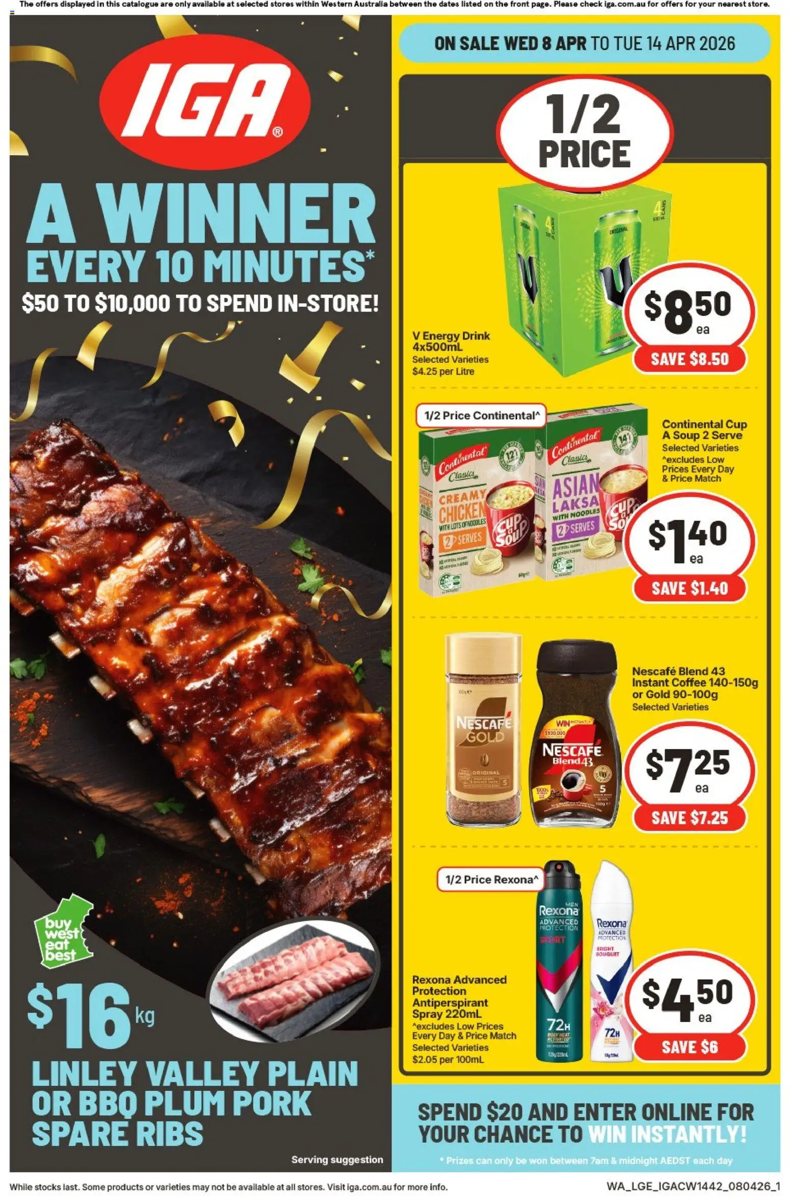 IGA catalogue - valid from 08.04.2026 | Page: 1 | Products: Coffee, Pork, Antiperspirant, Nescafe