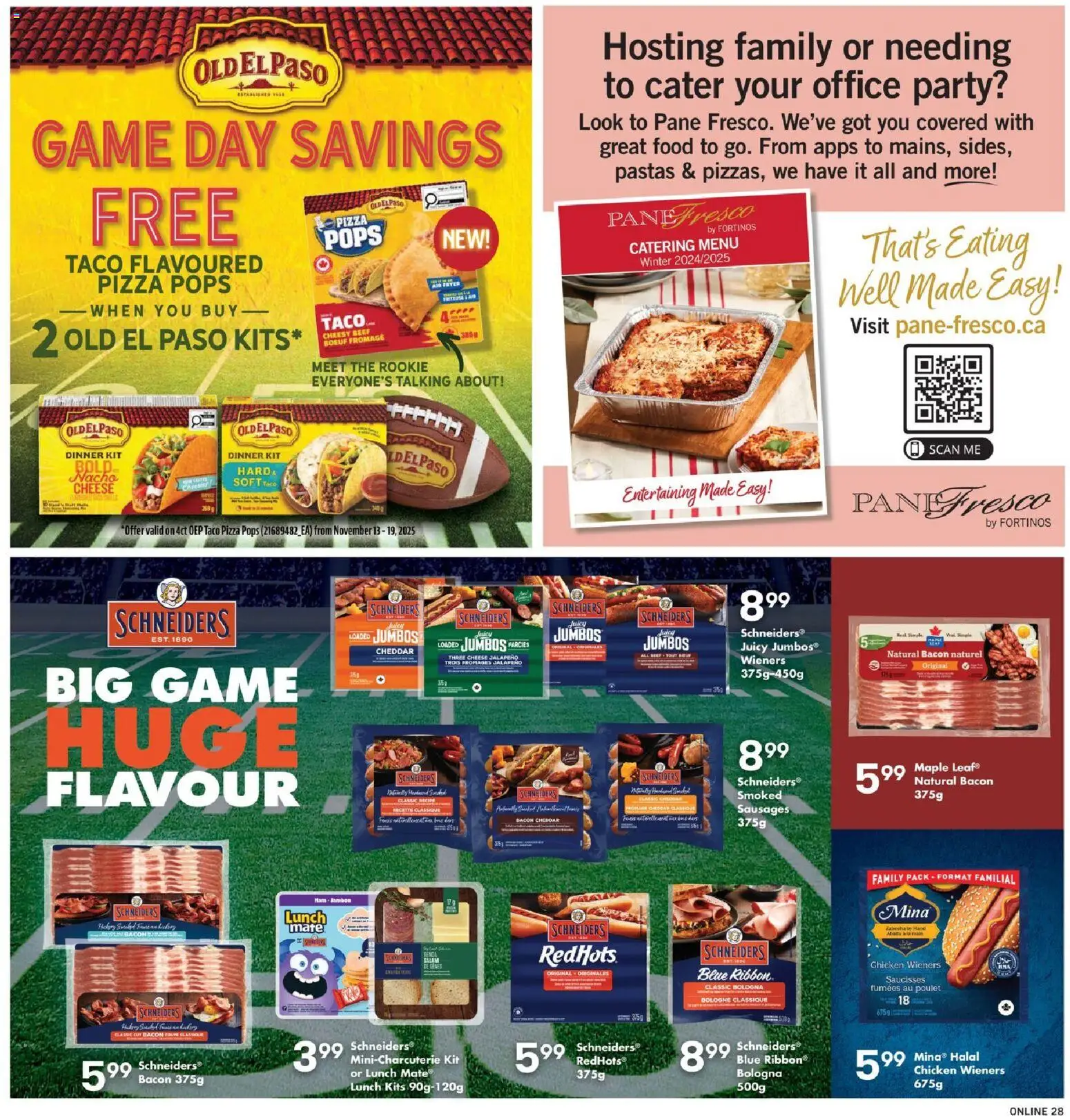 Fortinos flyer valid from 13.11.2025 | Page: 28 | Products: Game, Cheese, Salami, Pizza