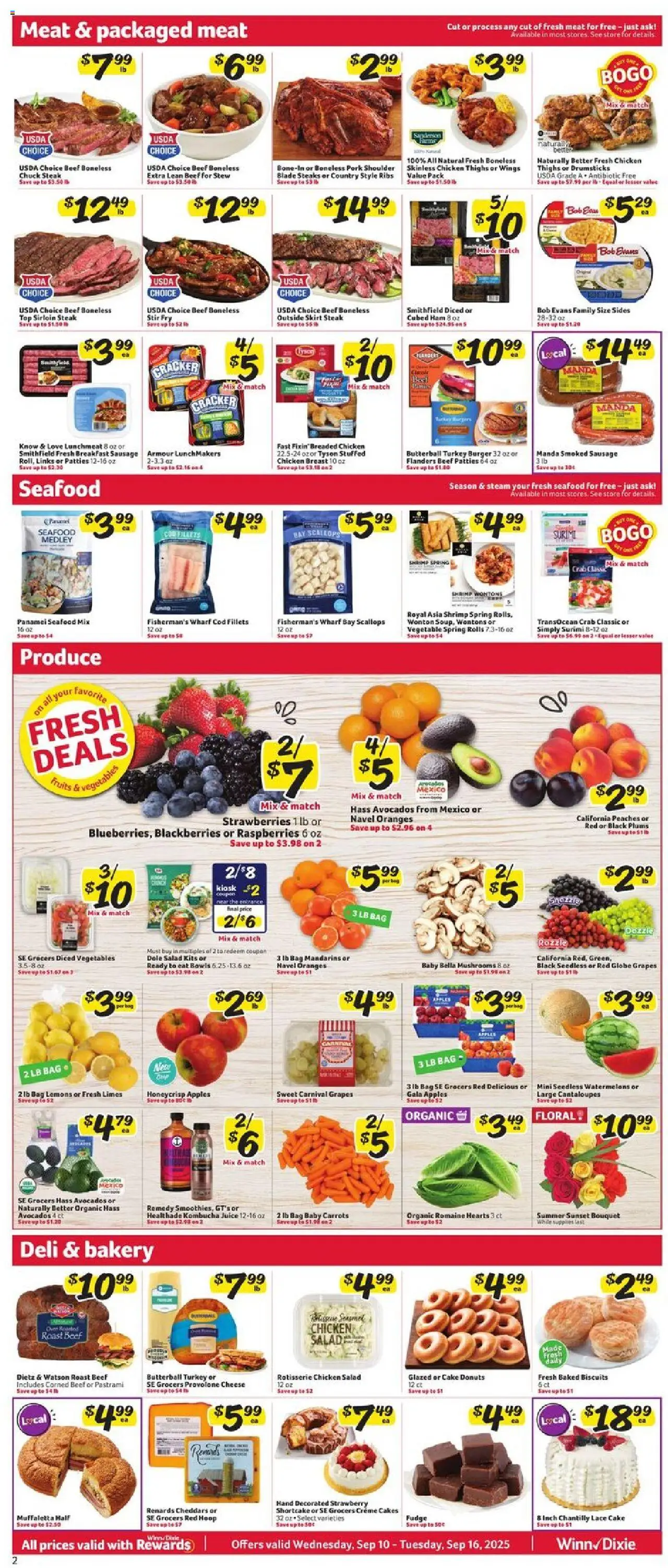 Winn Dixie Weekly Circular - LA - valid from 10.09.2025 | Page: 2 | Products: Bakery, Mushrooms, Juice, Seafood