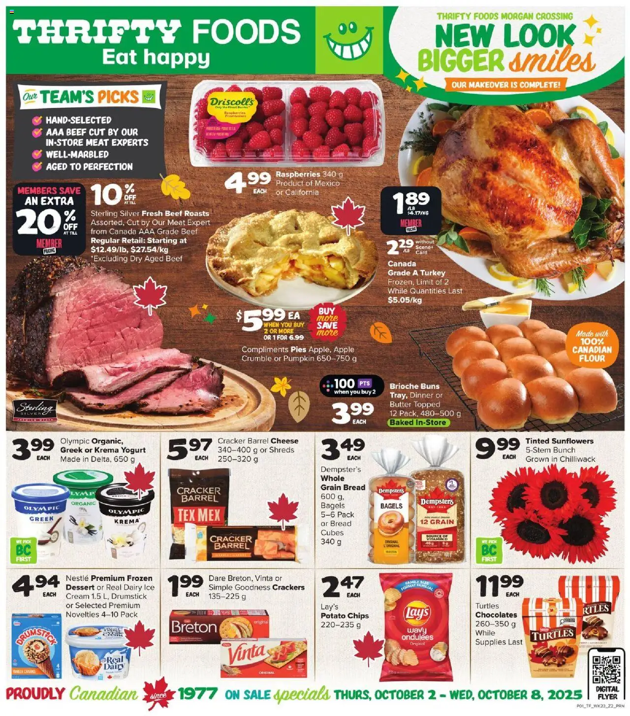 Thrifty Foods flyer valid from 02.10.2025 | Page: 1 | Products: Chips, Cream, Butter, Cheese