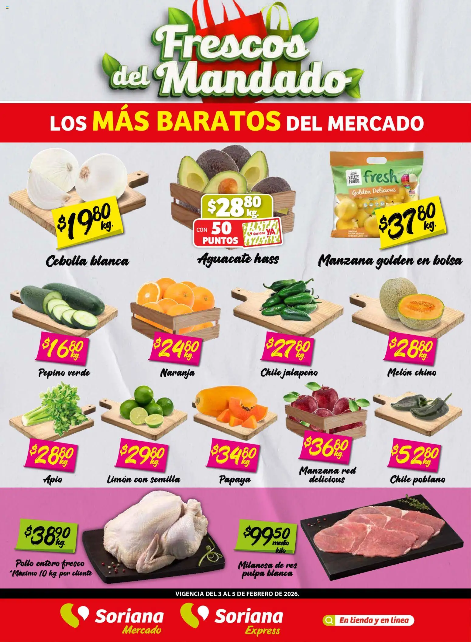 Nuevas ofertas de Soriana válidas en toda la República Mexicana desde el 03.02.2026. ¡Encuentra las mejores ofertas en Soriana - Frescos del Mandado Mercado: Nuevo León! | Página: 1 | Productos: Cebolla, Manzana, Limón, Res
