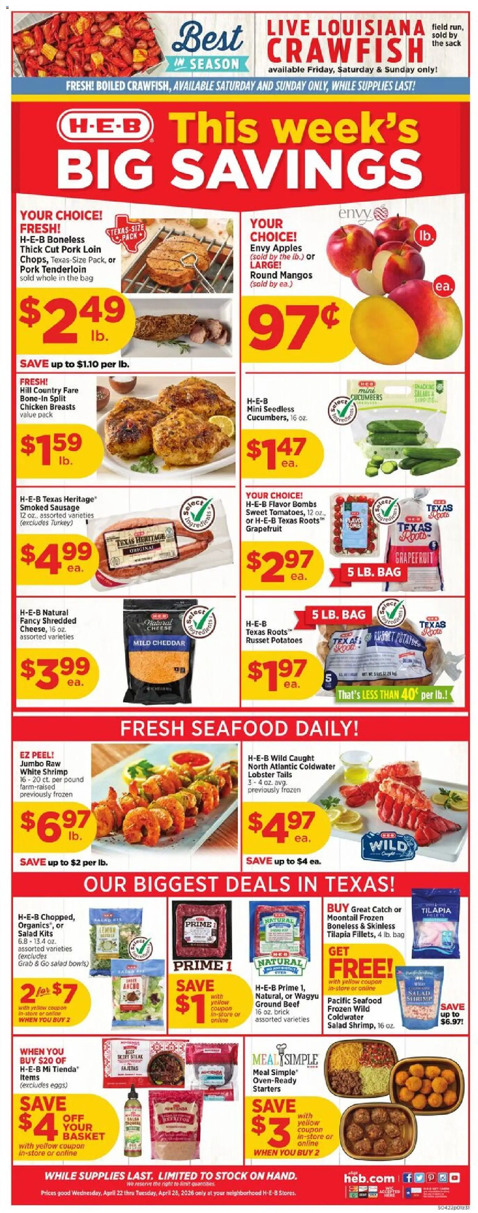 H-E-B Weekly Ad - valid from 22.04.2026 | Page: 1 | Products: Cheese, Salad, Potatoes, Seafood