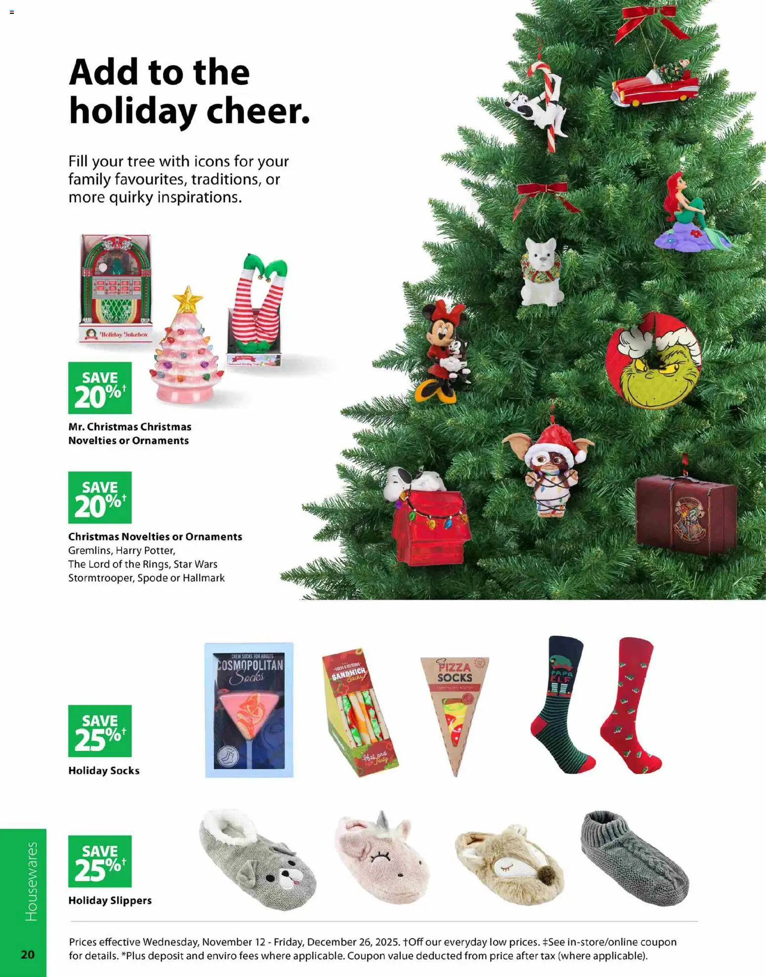 London Drugs flyer valid from 12.11.2025 | Page: 20 | Products: Slippers, Hat, Pizza, Socks
