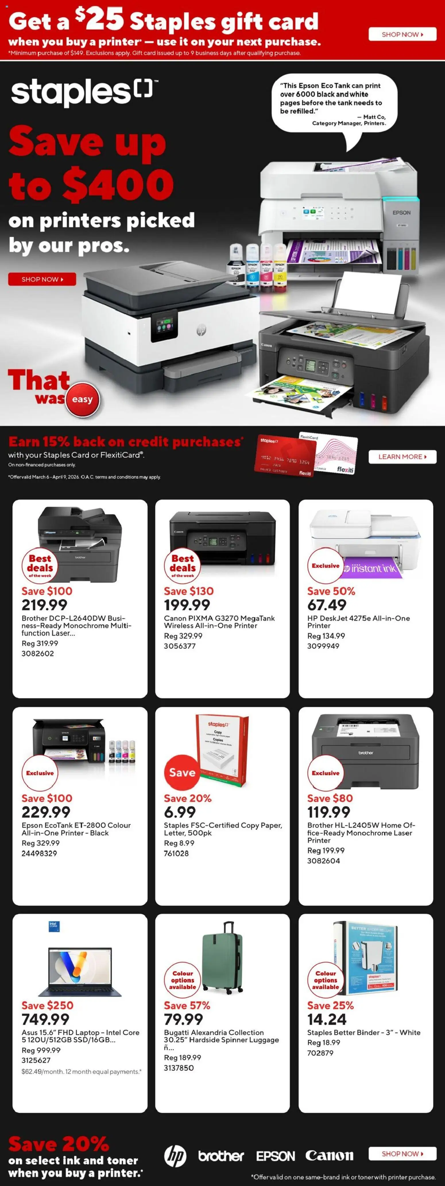 Staples flyer valid from 20.03.2026 | Page: 1 | Products: Luggage, Printer, Toner