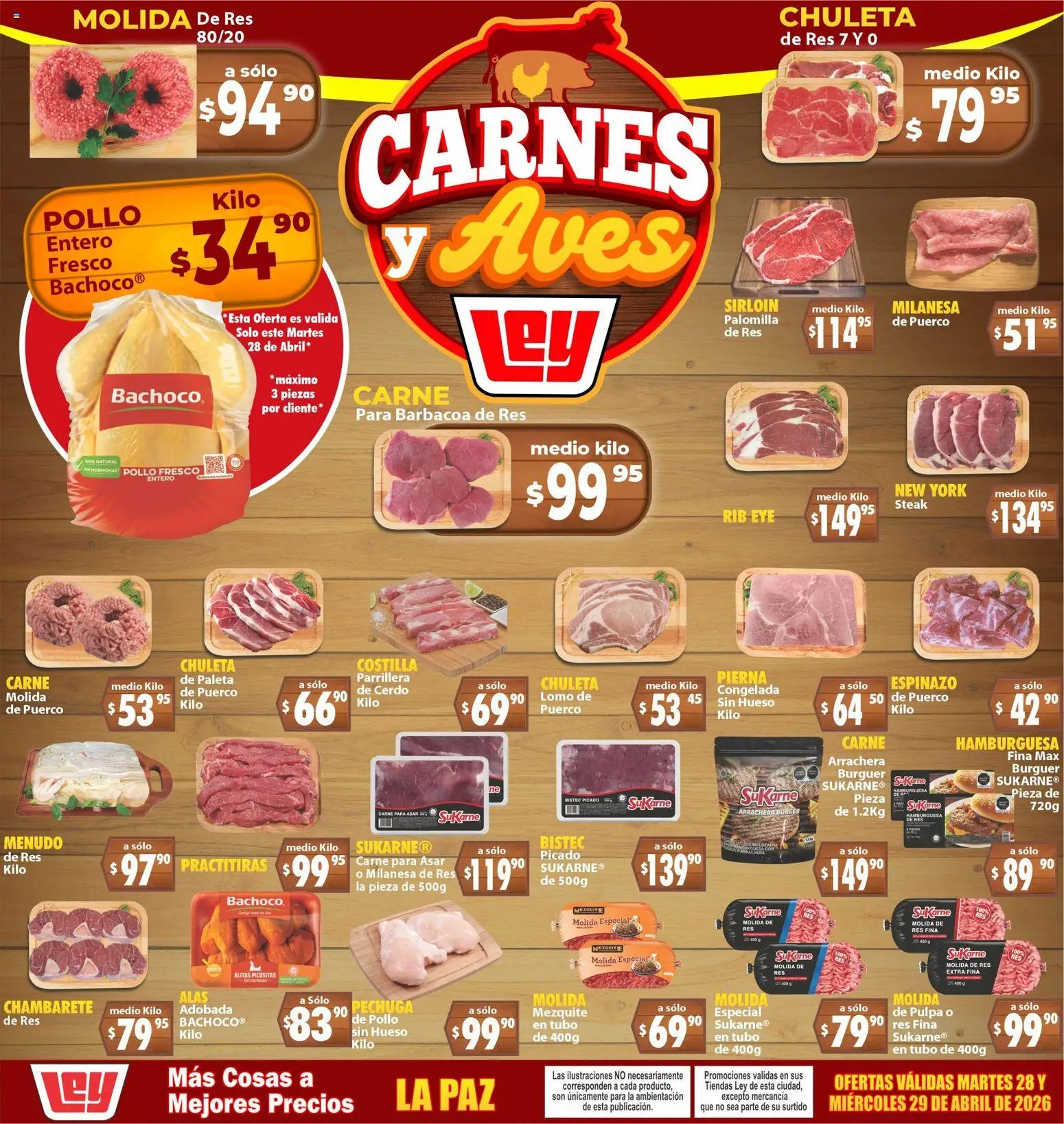Nuevas ofertas de Casa Ley válidas en toda la República Mexicana desde el 28.04.2026. ¡Encuentra las mejores ofertas en Casa Ley folleto Carnes y Aves La Paz! | Página: 1 | Productos: Pollo, Milanesa, Cerdo, Res
