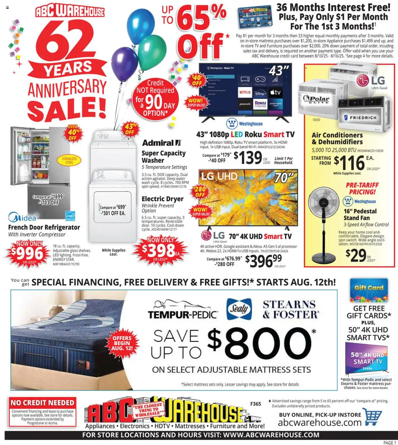 ABC Warehouse Weekly Ad - valid from 10.08.2025 | Page: 1 | Products: Compressor, Mattress, Water, Refrigerator