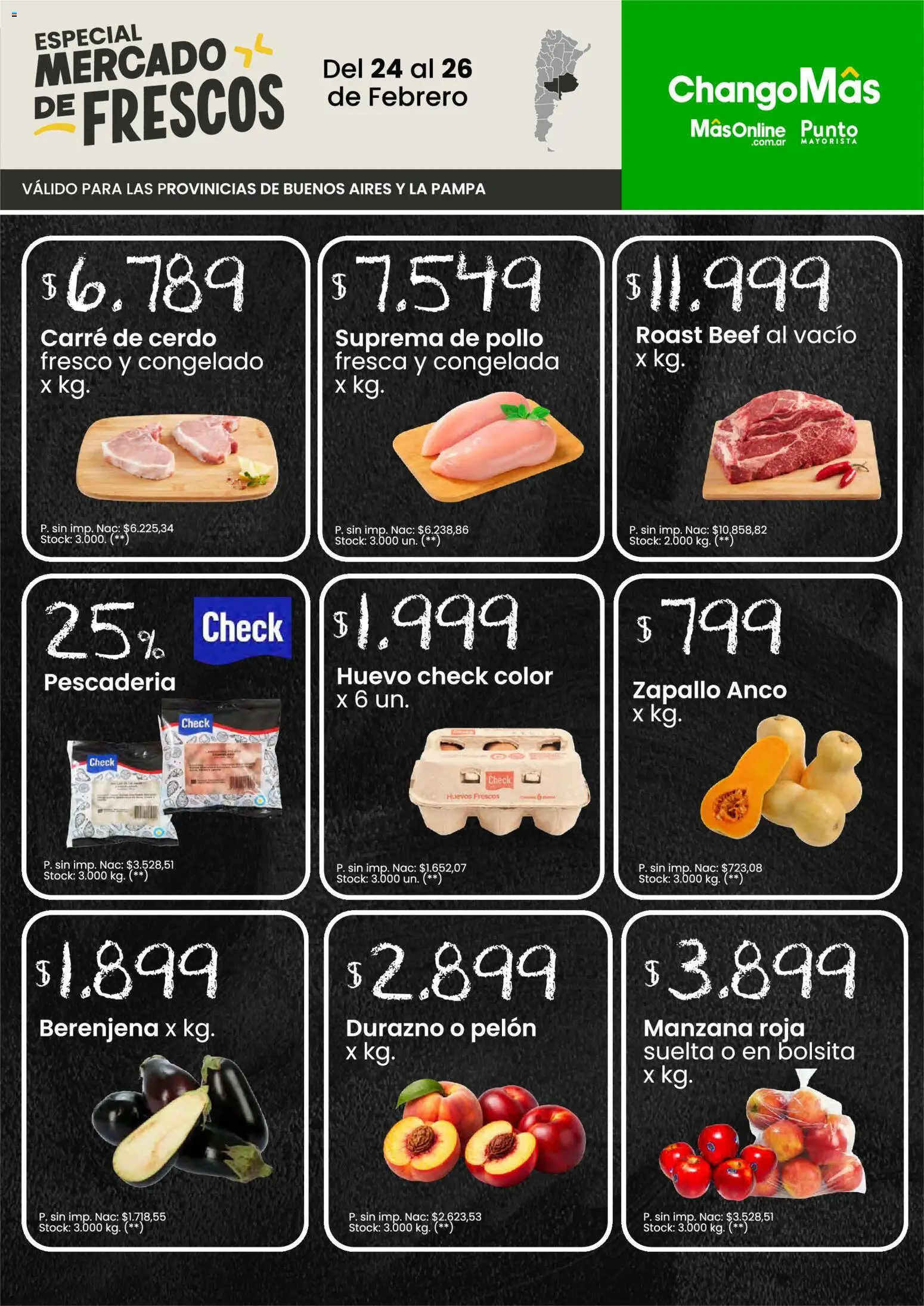 Changomas Mercado de Frescos  │ válido desde el 24.02.2026 | Página: 1 | Productos: Durazno, Manzana, Huevo, Cerdo