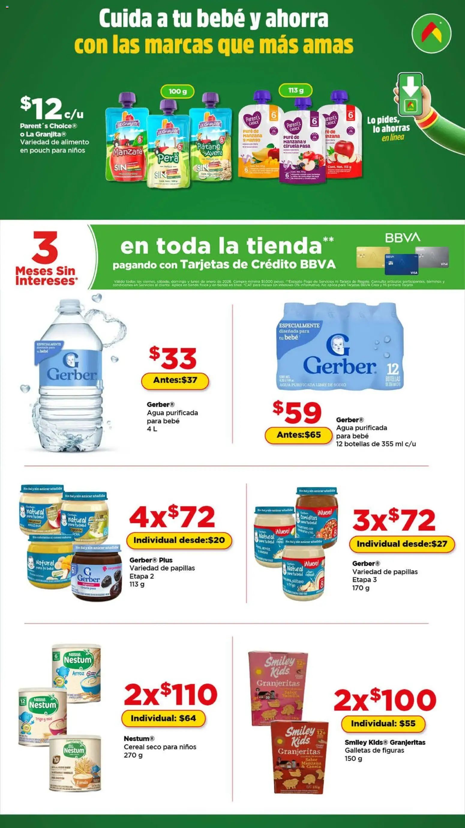 Nuevas ofertas de Bodega Aurrerá válidas en toda la República Mexicana desde el 01.01.2026. ¡Encuentra las mejores ofertas en Bodega Aurrerá folleto Cuida a tu bebé y ahorra! | Página: 1 | Productos: Pera, Sal, Manzana, Arroz