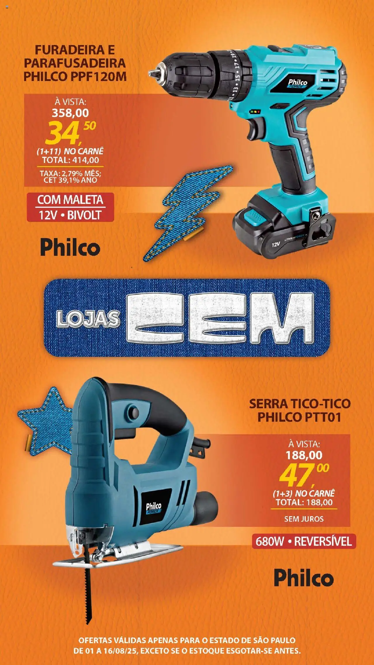 Lojas Cem Folheto - válido de 01.08.2025 | Página: 117 | Produtos: Furadeira, Carne, Parafusadeira