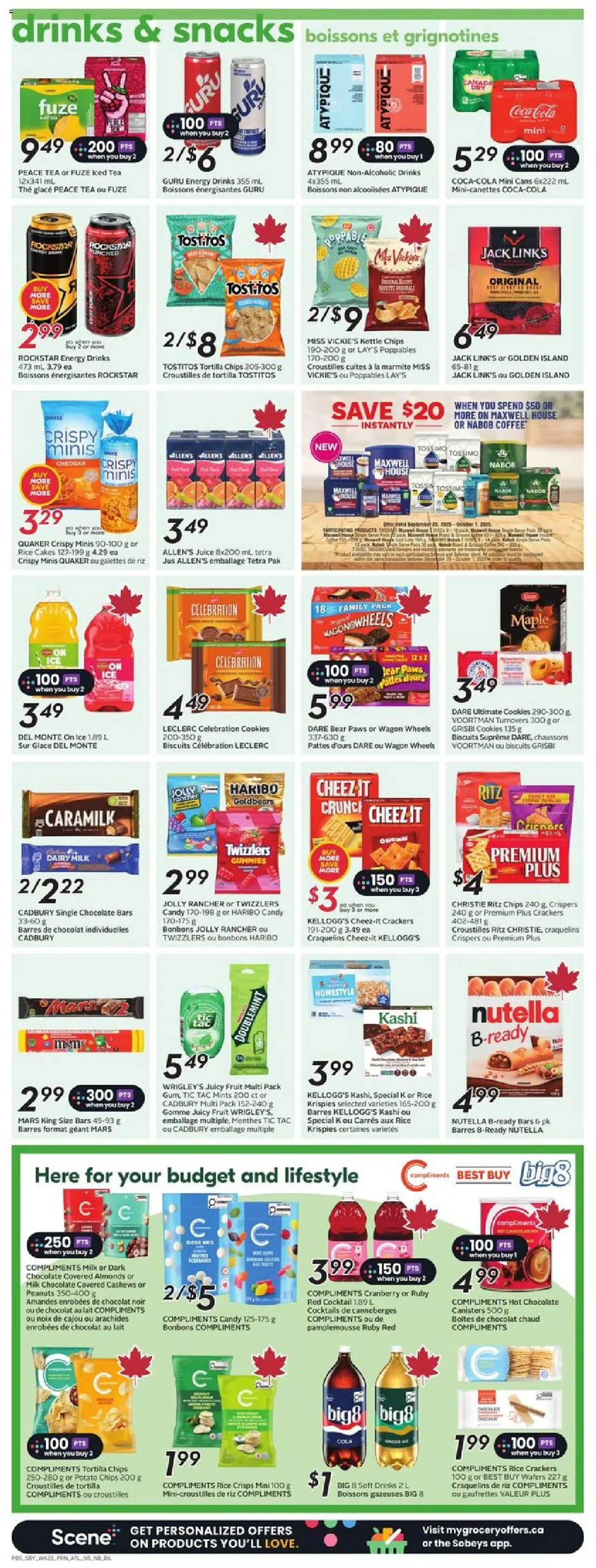 Sobeys flyer valid from 25.09.2025 | Page: 9 | Products: Chips, Cookies, Kettle, Juice