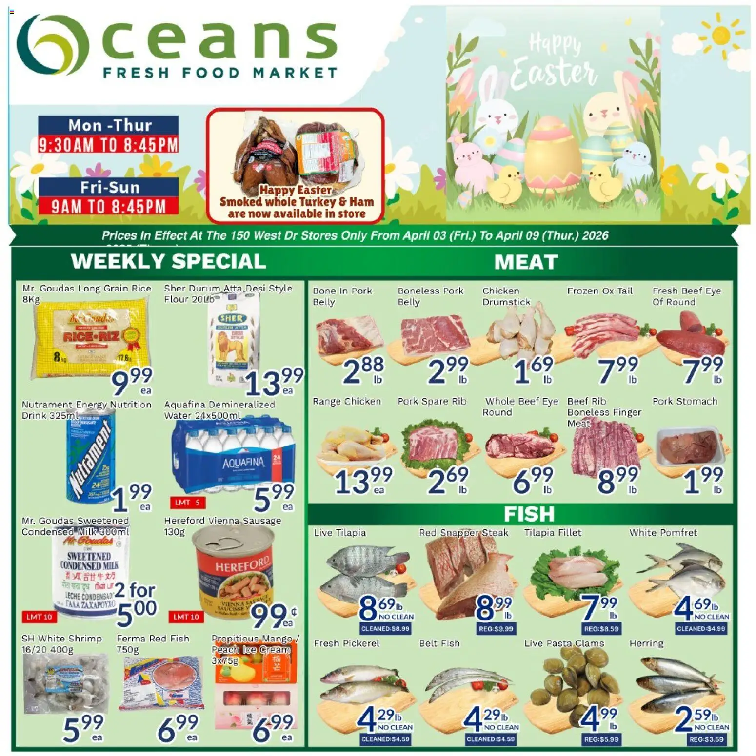 Oceans flyer valid from 03.04.2026 | Page: 1 | Products: Rice, Fish, Pasta, Ham
