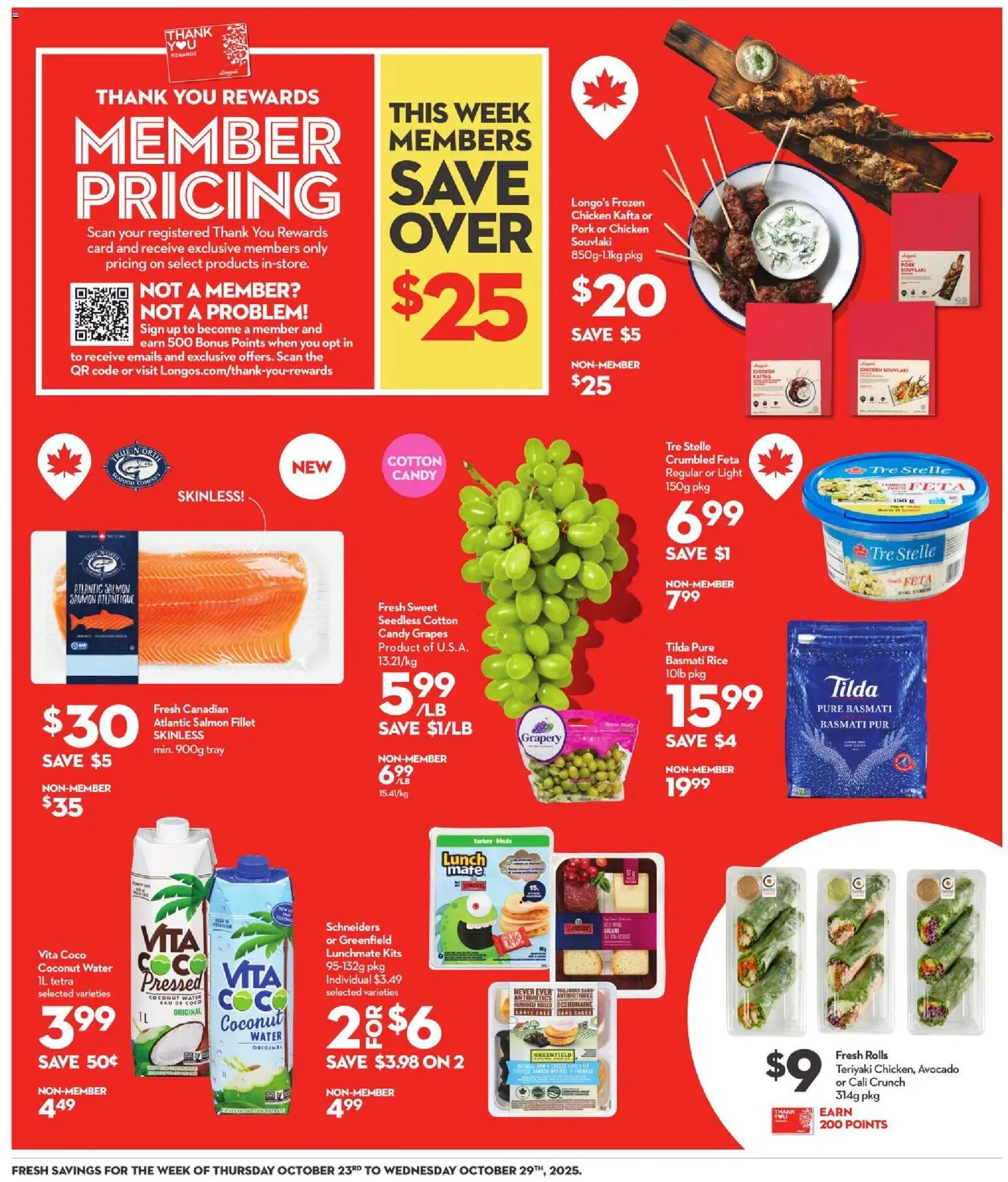 Longo's flyer valid from 23.10.2025 | Page: 4 | Products: Rice, Salami, Wine, Chicken