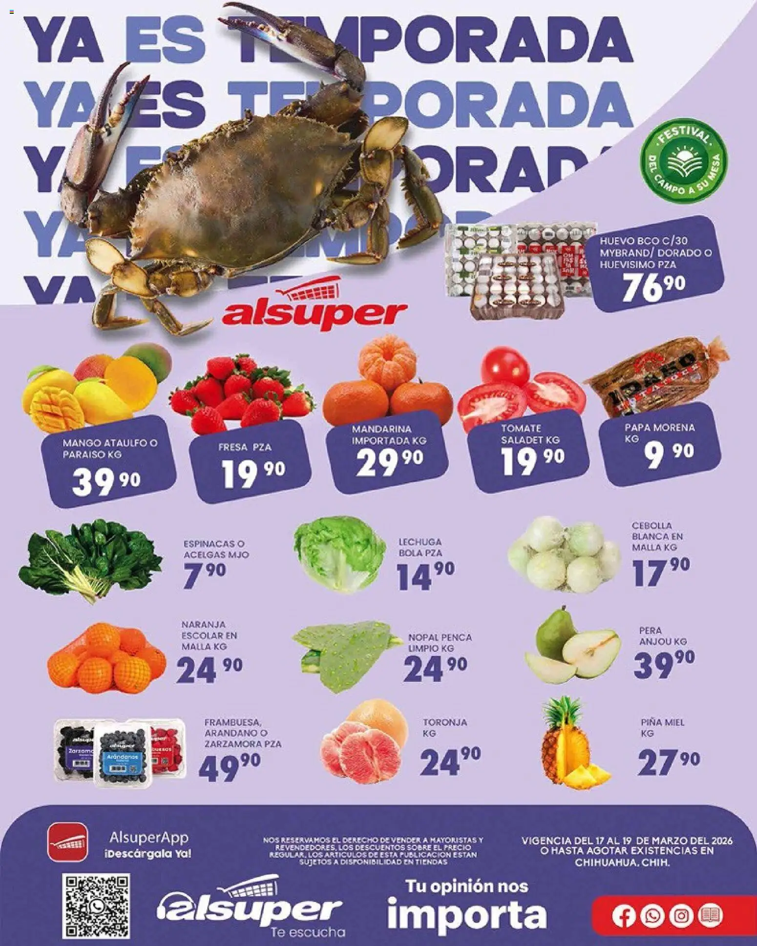 Nuevas ofertas de Alsuper válidas en toda la República Mexicana desde el 17.03.2026. ¡Encuentra las mejores ofertas en Alsuper folleto Chihuahua-Estado! | Página: 1 | Productos: Papa, Pera, Tomate, Mango