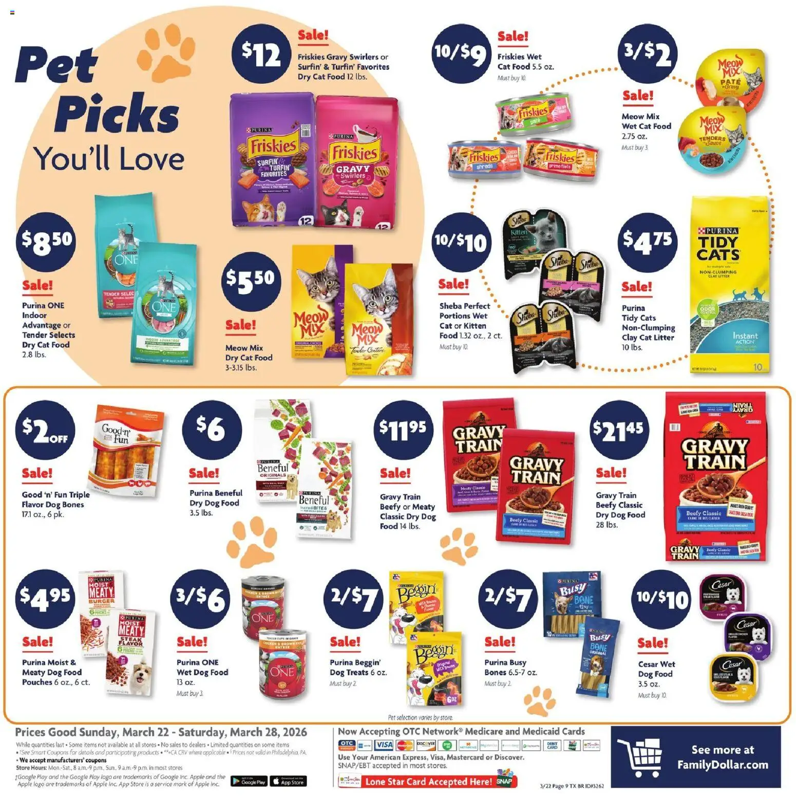 Family Dollar Weekly Ad - valid from 22.03.2026 | Page: 8 | Products: Dog Treats, Dog Food, Cat Food, Cat Litter