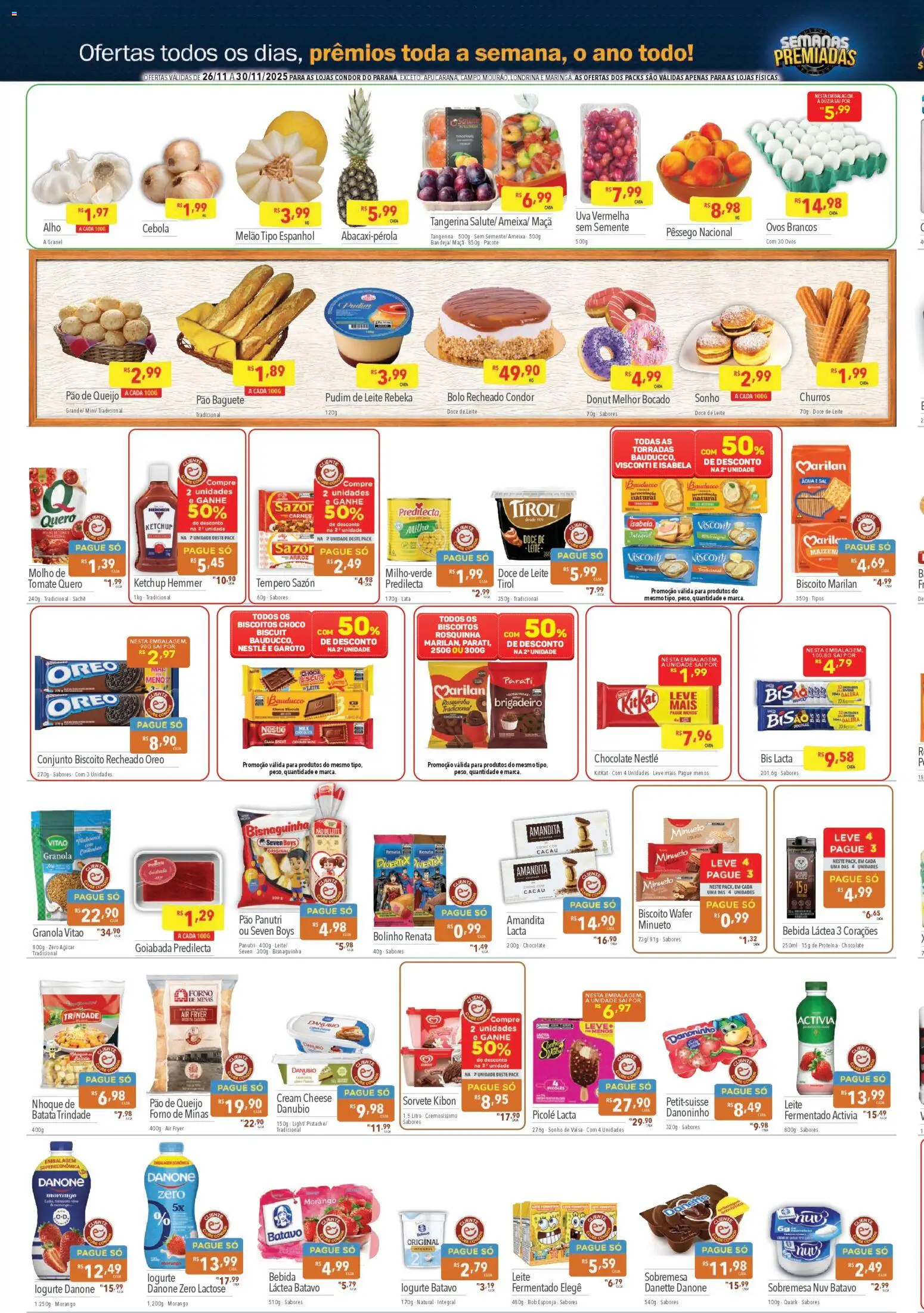 Supermercados Condor Folheto - válido de 26.11.2025 | Página: 2 | Produtos: Pêssego, Leite, Cream cheese, Pão de queijo