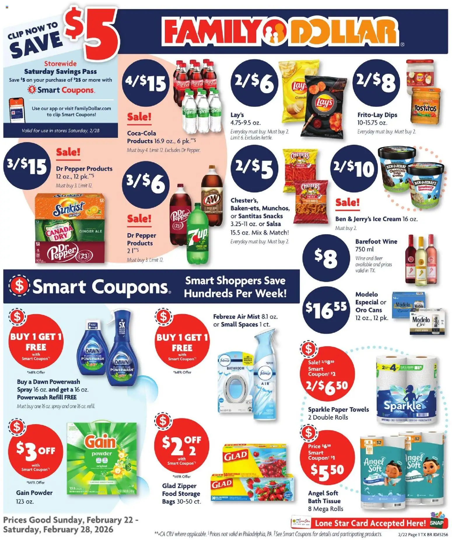 Family Dollar Weekly Ad - valid from 22.02.2026 | Page: 1 | Products: Wine, Beer, Ice cream, Lime
