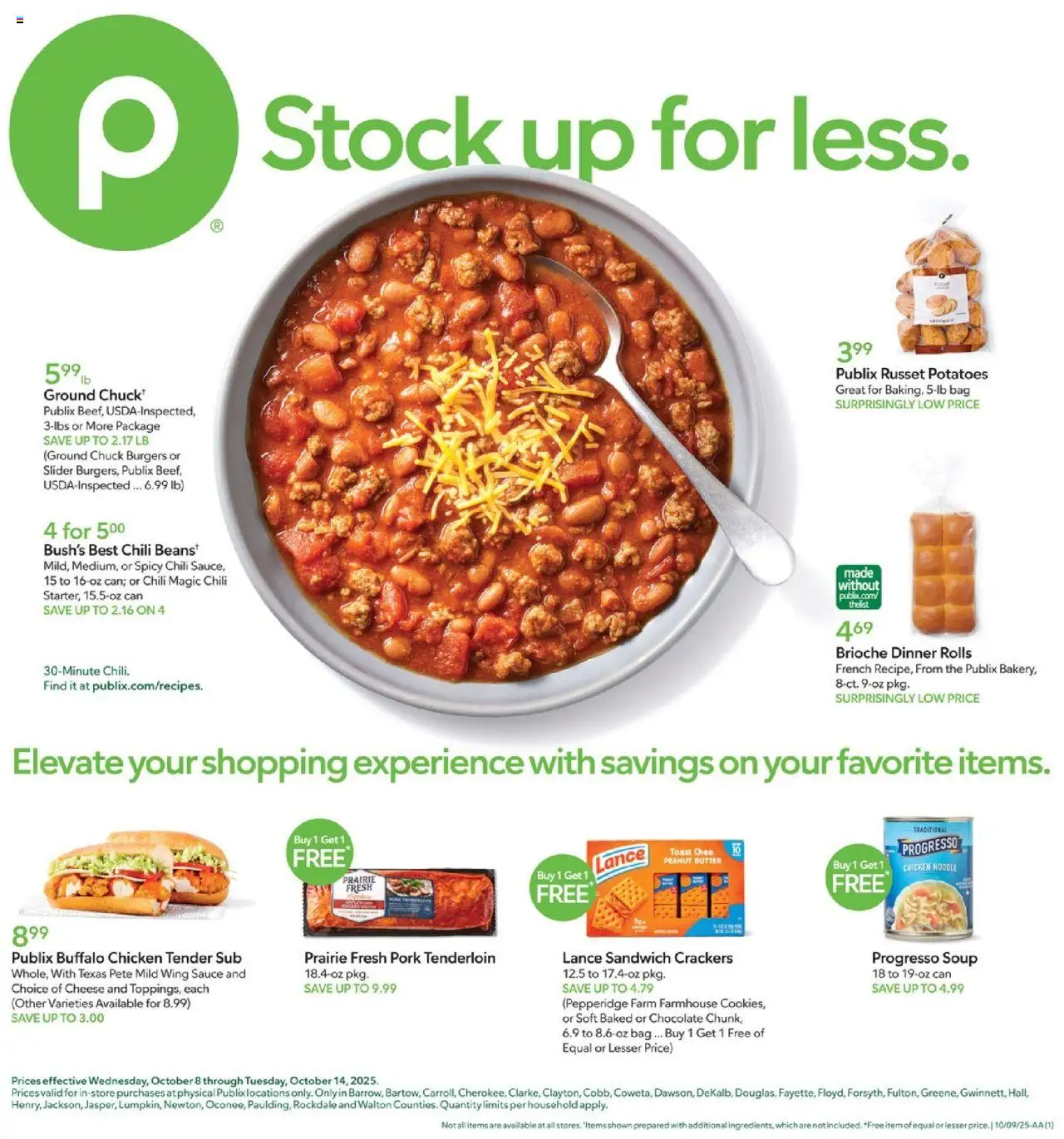 Publix Leaflet - valid from 08.10.2025 | Page: 1 | Products: Chocolate, Pork, Potatoes, Bag